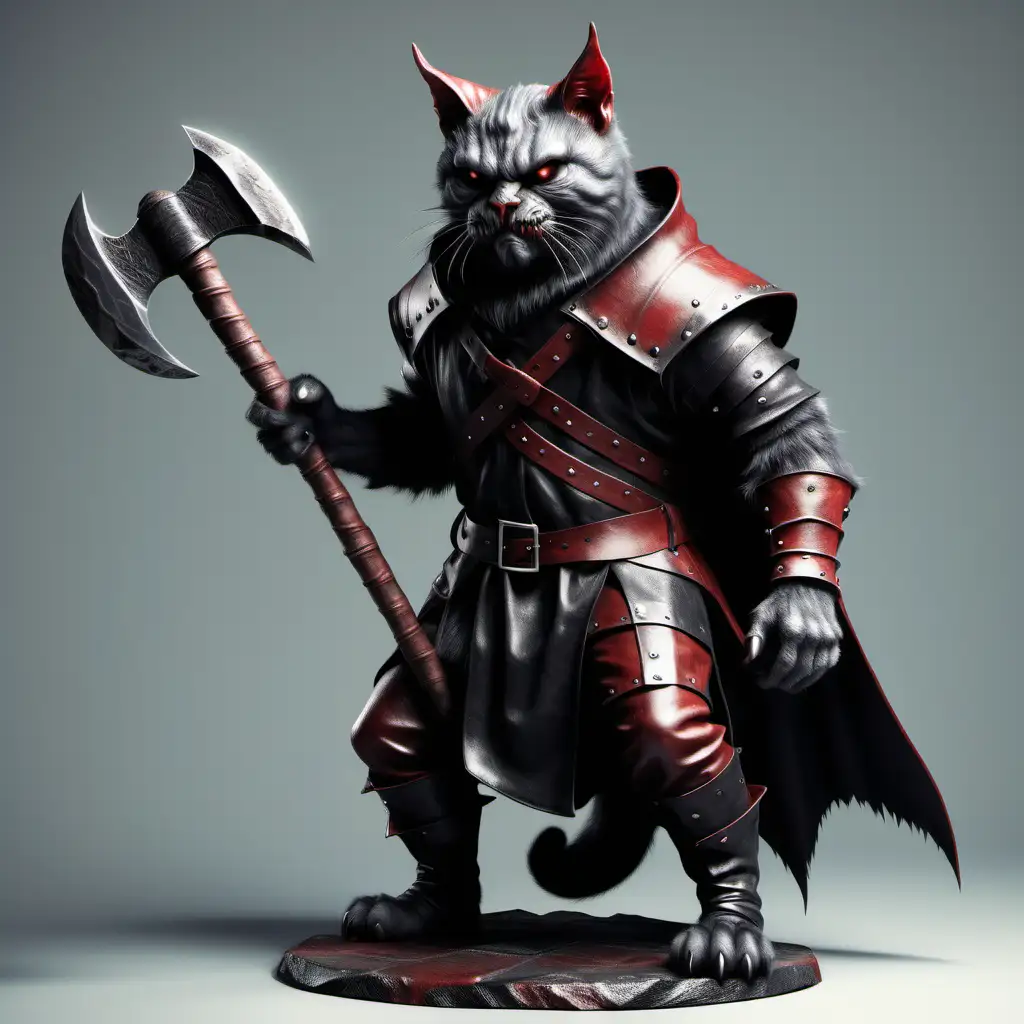 реалистичная демон кот-палач с топором в средневековом кожаном одеянии  в полный рост