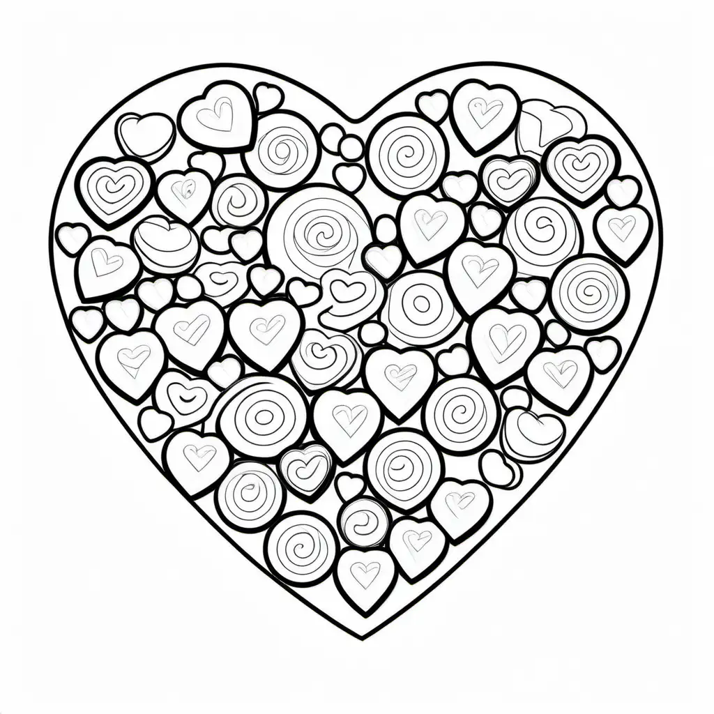heart filled with candy and chocolate, Coloring Page, black and white, line art, white background, Simplicity, Ample White Space. The background of the coloring page is plain white to make it easy for young children to color within the lines. The outlines of all the subjects are easy to distinguish, making it simple for kids to color without too much difficulty