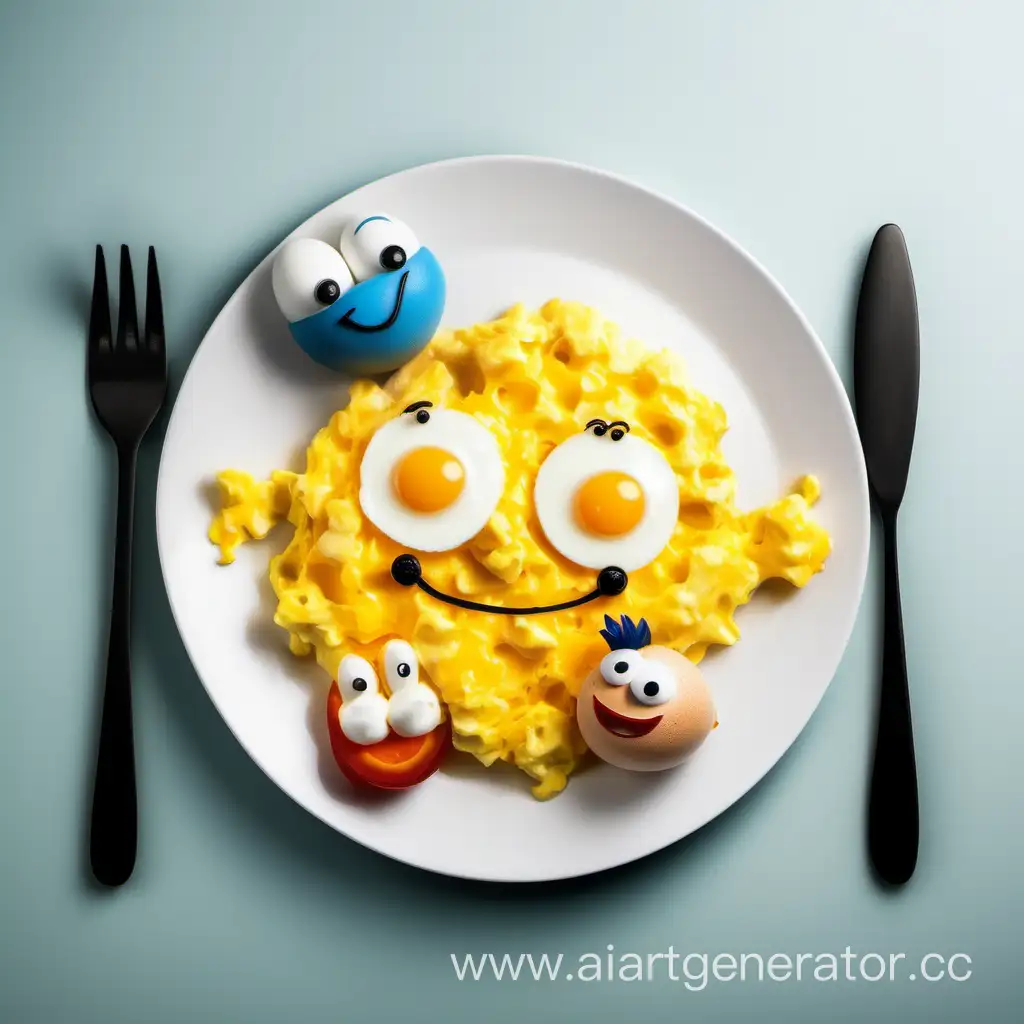 Whimsical-Cartoon-Characters-Shape-Scrambled-Eggs-on-a-White-Plate
