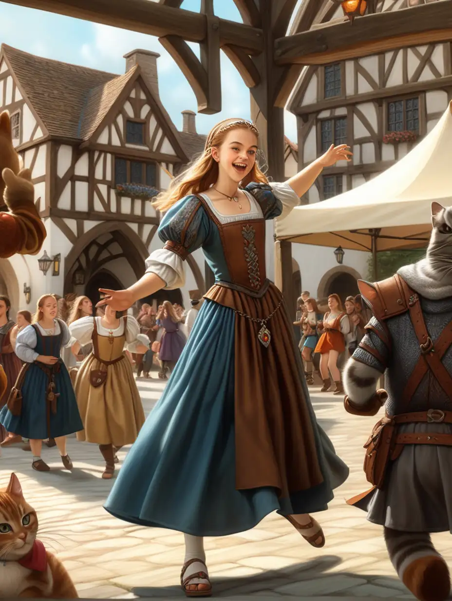 dnd style festival celebrating art and cats, a tutor style medieval village with paintings and statues and wooden carvings on display, a girl dances in a skirt in the background