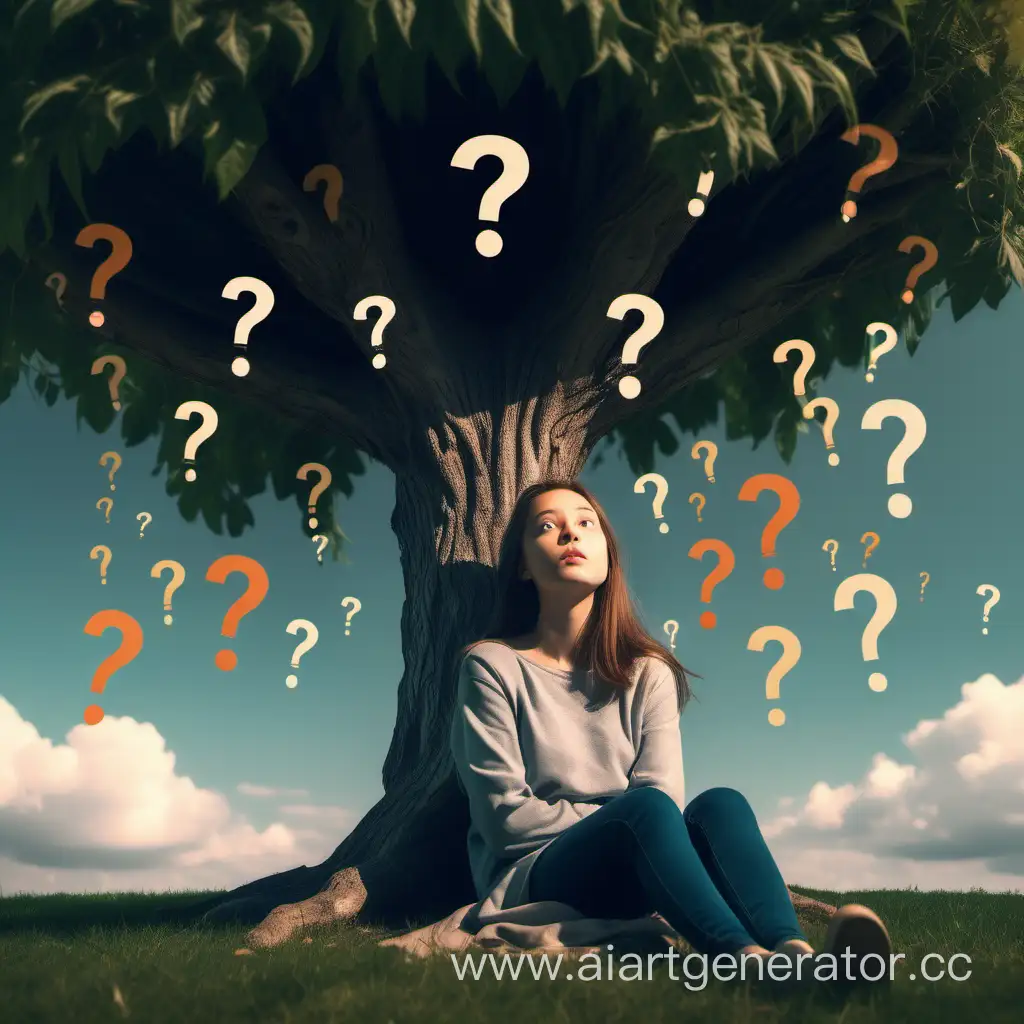 Dreaming-Girl-Under-Tree-with-Question-Marks