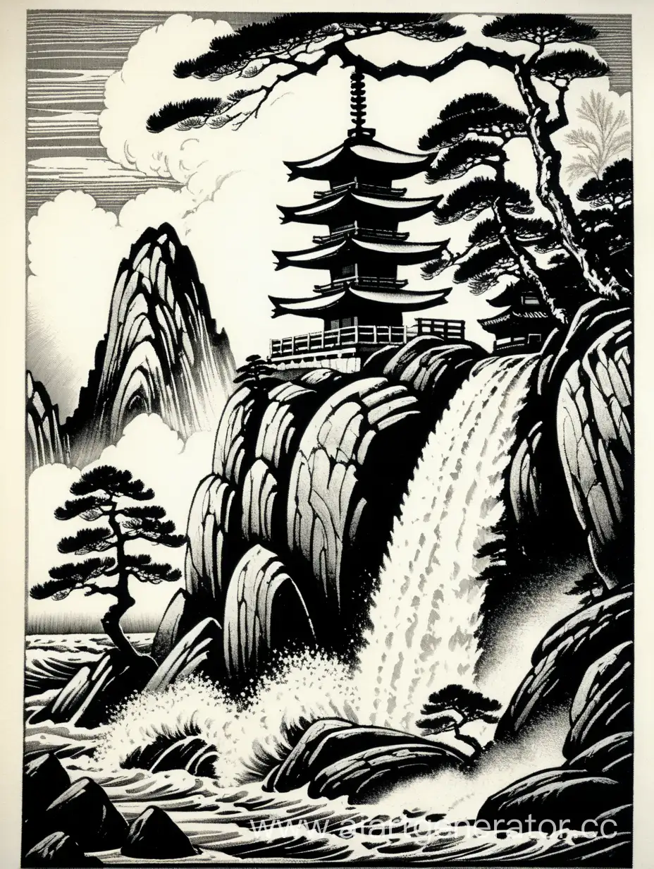 landscape, rock on the right front, waterfall, asian pagoda and bonsai pine on the rock in right front, waves hit the rock from the left, linogravure style, white and black colors