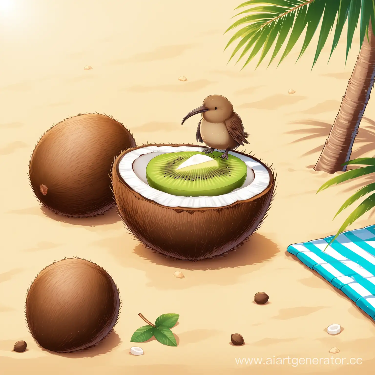 Kiwi-Bird-Sunbathing-on-Beach-with-Coconut