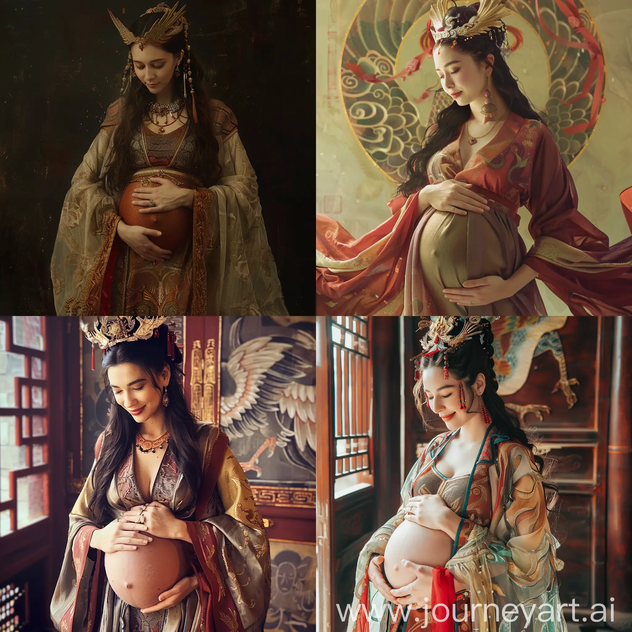 Scarlet Witch is pregnant, holding her belly, looking extremely happy. She was in ancient traditional Chinese clothing, she was like a noble queen, wearing the most gorgeous clothes and a phoenix crown on her head.