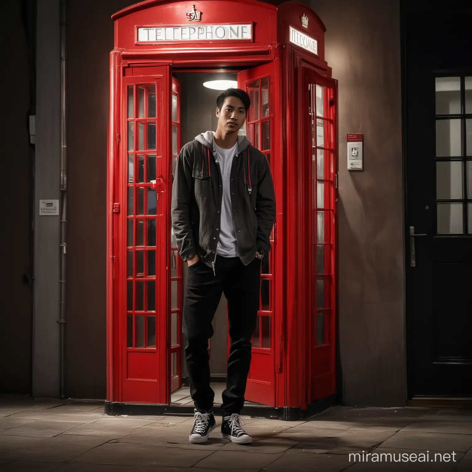 full body, a Indonesian man with short side parted hair wearing casual clothes,black jeans,sneakers shoes,standing Stiffly behind the glass door of a red telephone box, daydreaming with the telephone receiver to his ear, dark background with soft light bias from the side, best angel, dark night atmosphere, cinematic images, profesional photo shoots, promotional images, face looking at the camera