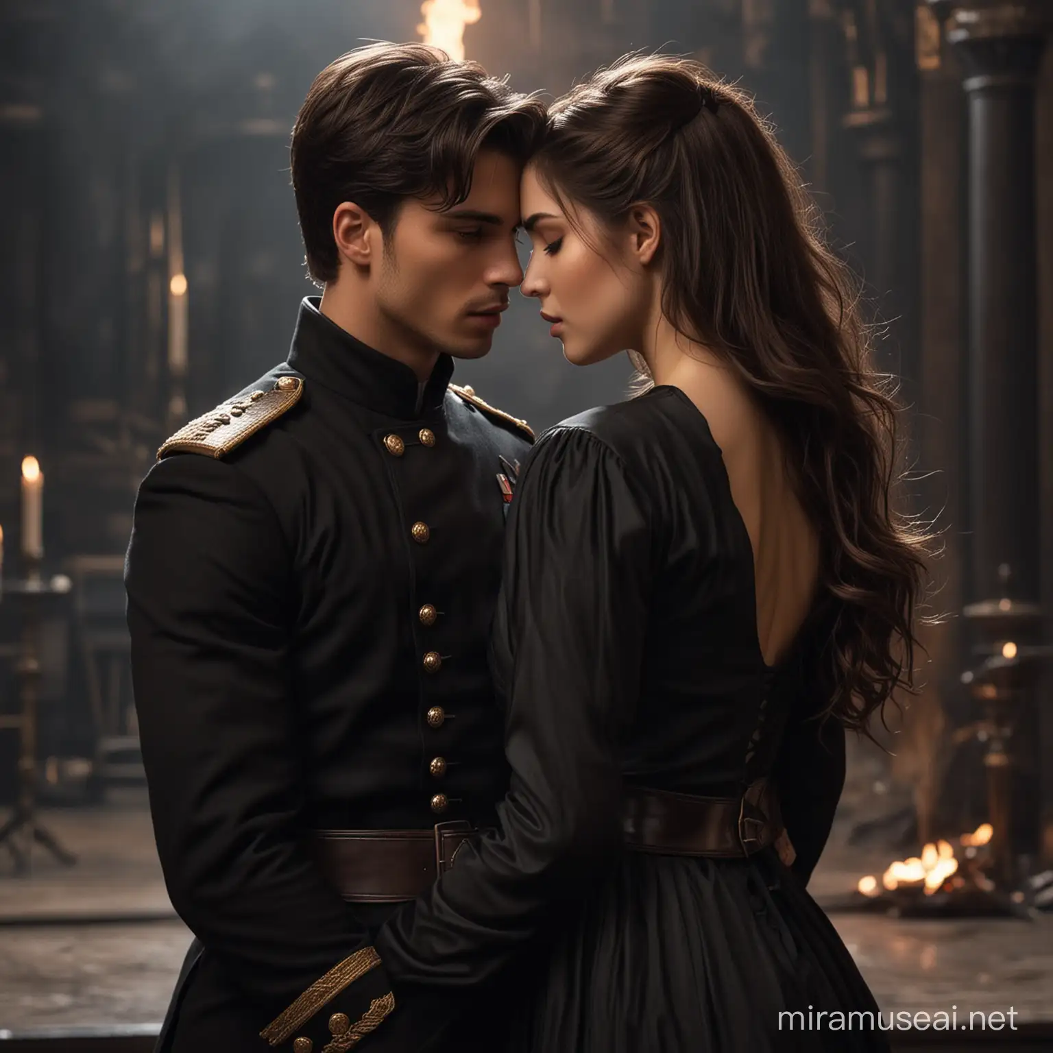 20 year old princess in a dark fantasy novel long brown hair and a black outfit close with a 25 year old prince who has short black hair and a black military like outfit. they are in a dark fire court with soft background lighting with a lot of passion between them