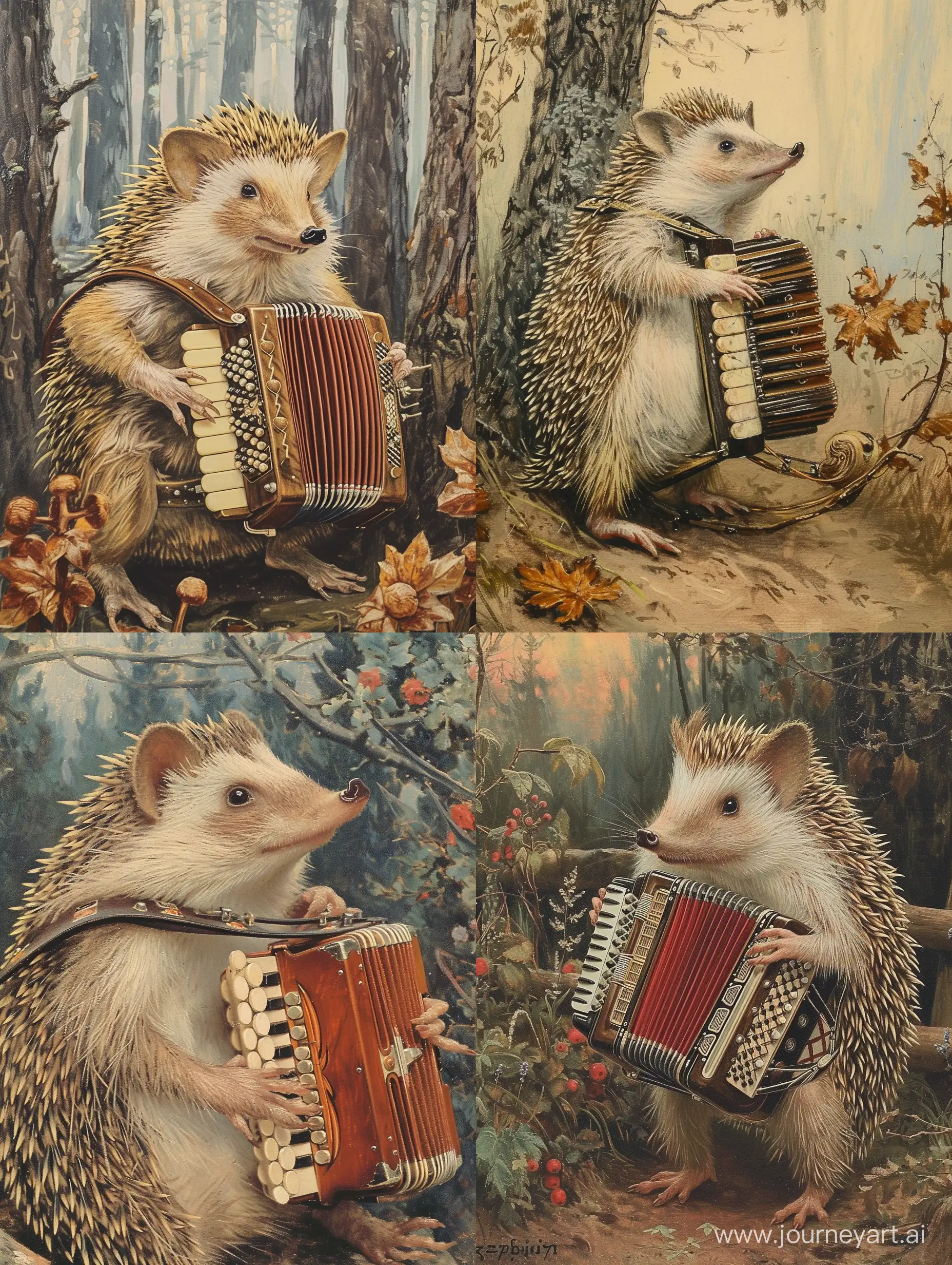 Ёж играет на гармошке, открытка в стиле Зарубина