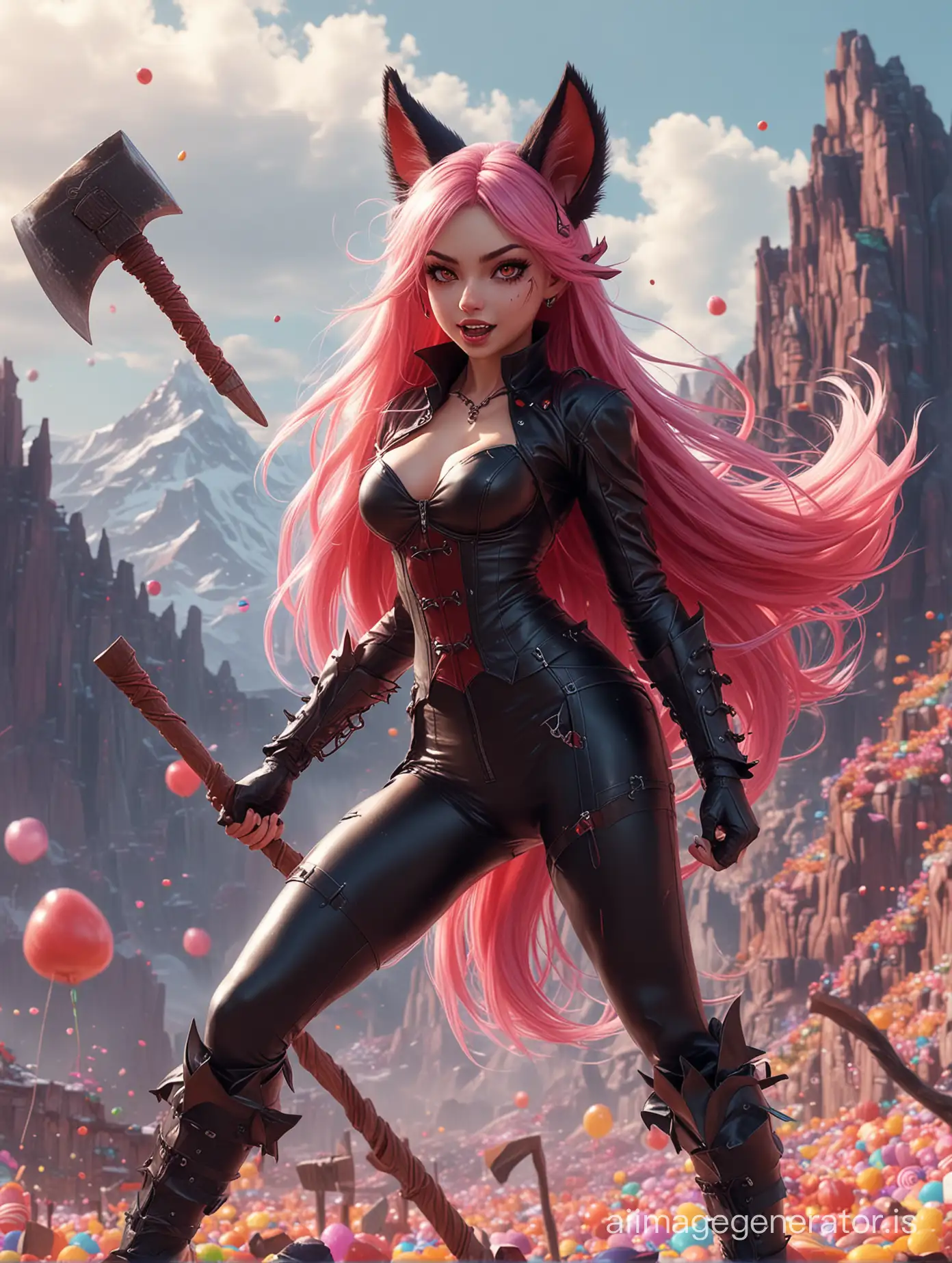 A female vampire with fangs, fox ears, standing sideways, jumping, legs bent, holding an axe, long multicolored hair. Black latex suit. Against the background of candy mountains. Fantasy anime, voluminous illustration, HD, realism, proportionality, detail.