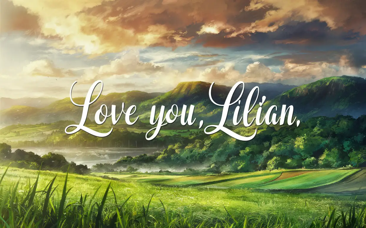 A beautiful countryside landscape with the word "love you，lilian" in white letters centered on top of it, bright colors, in the style of anime, in the style of cartoons, in the style of Studio Ghibli, high quality, high resolution, hyper detailed, cinematic look.