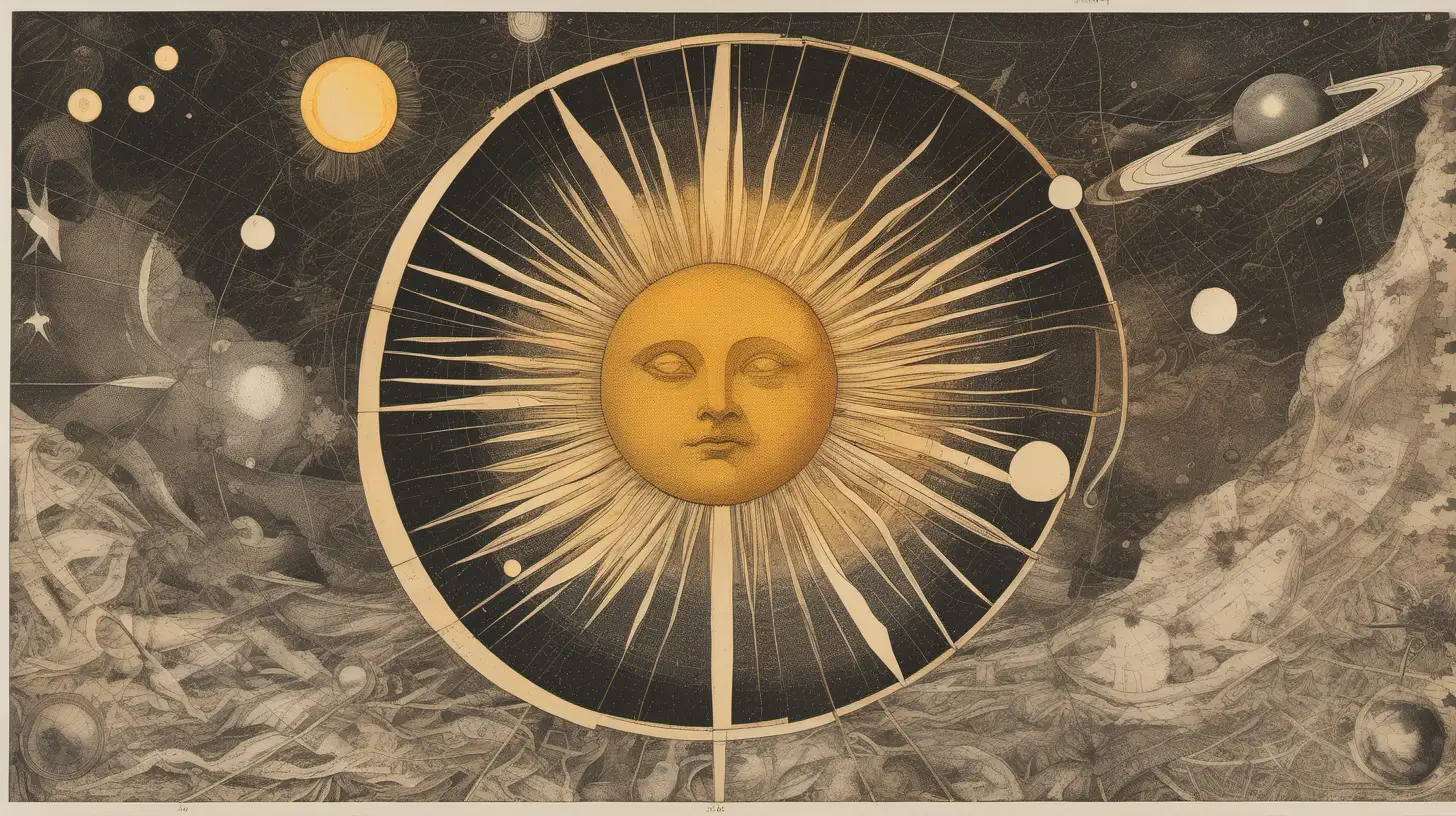 a diagram shown solar eclipse , astrological drawings, etching,, bold color, muted palette,, loose line drawing, playfully intricate, puzzle-like elements, loose line drawing
