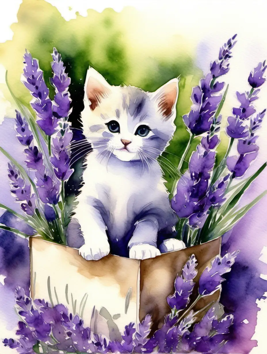Imagine a heartwarming moment as a baby kitten sits in a box amidst a bed of lavender blossoms. Let the watercolor strokes convey the tranquility of the scene, with shades of purple and green creating a serene and calming atmosphere.