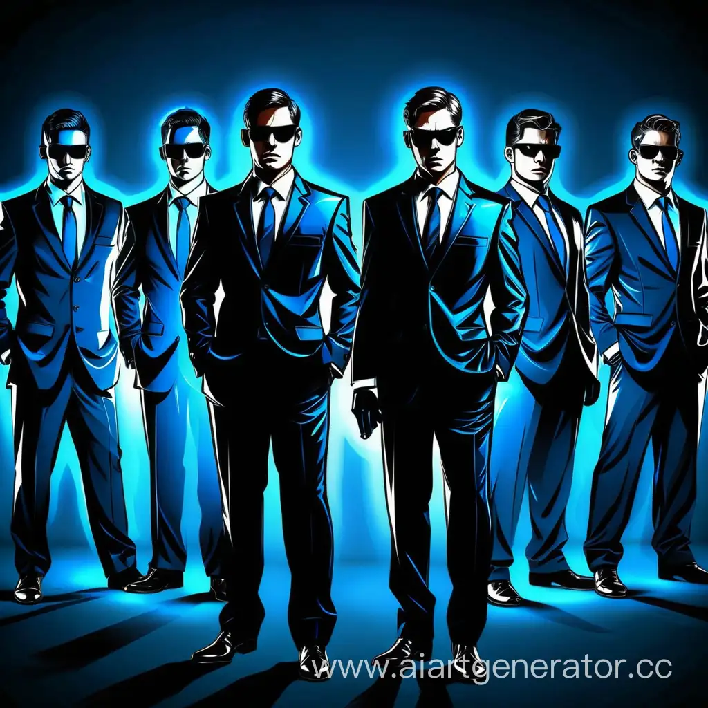 нарисуй мужчин в черных очках и костюмах, они агенты, фон синий подсвечен