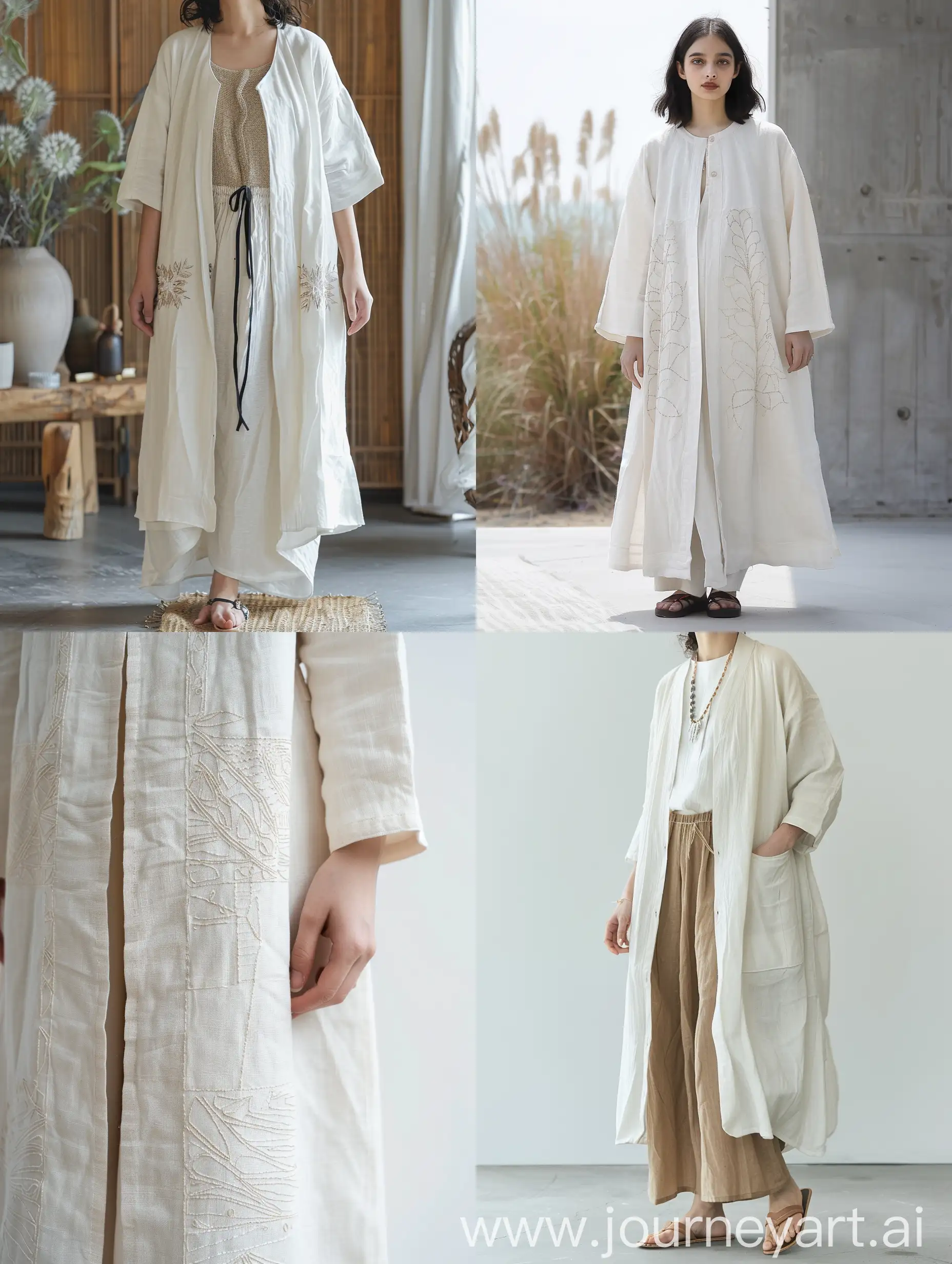Short coat, linen material, cream color, handmade embroidery, simple and minimal embroidery, with a simple long dress.