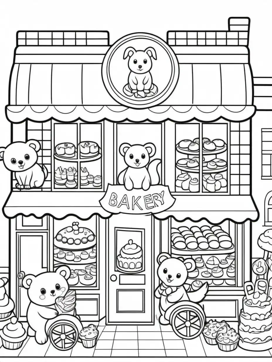 create children's coloring page of a bakery with cute animals working there. Use crisp black outlines, no shading
