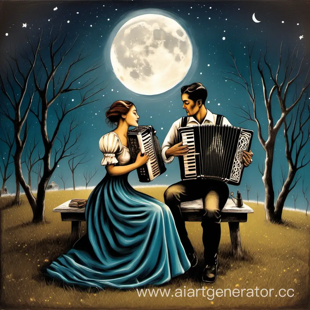 влюблённая пара играет на аккордеоне под луной