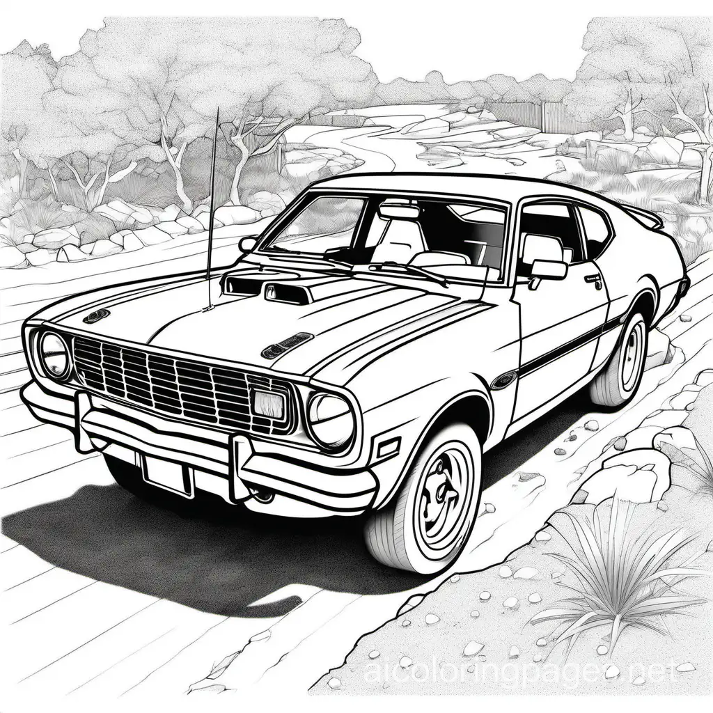 31. Ford Maverick Grabber (1971):, Coloring Page, black and white, line art, white background, Simplicity, Ample White Space. The background of the coloring page is plain white to make it easy for young children to color within the lines. The outlines of all the subjects are easy to distinguish, making it simple for kids to color without too much difficulty