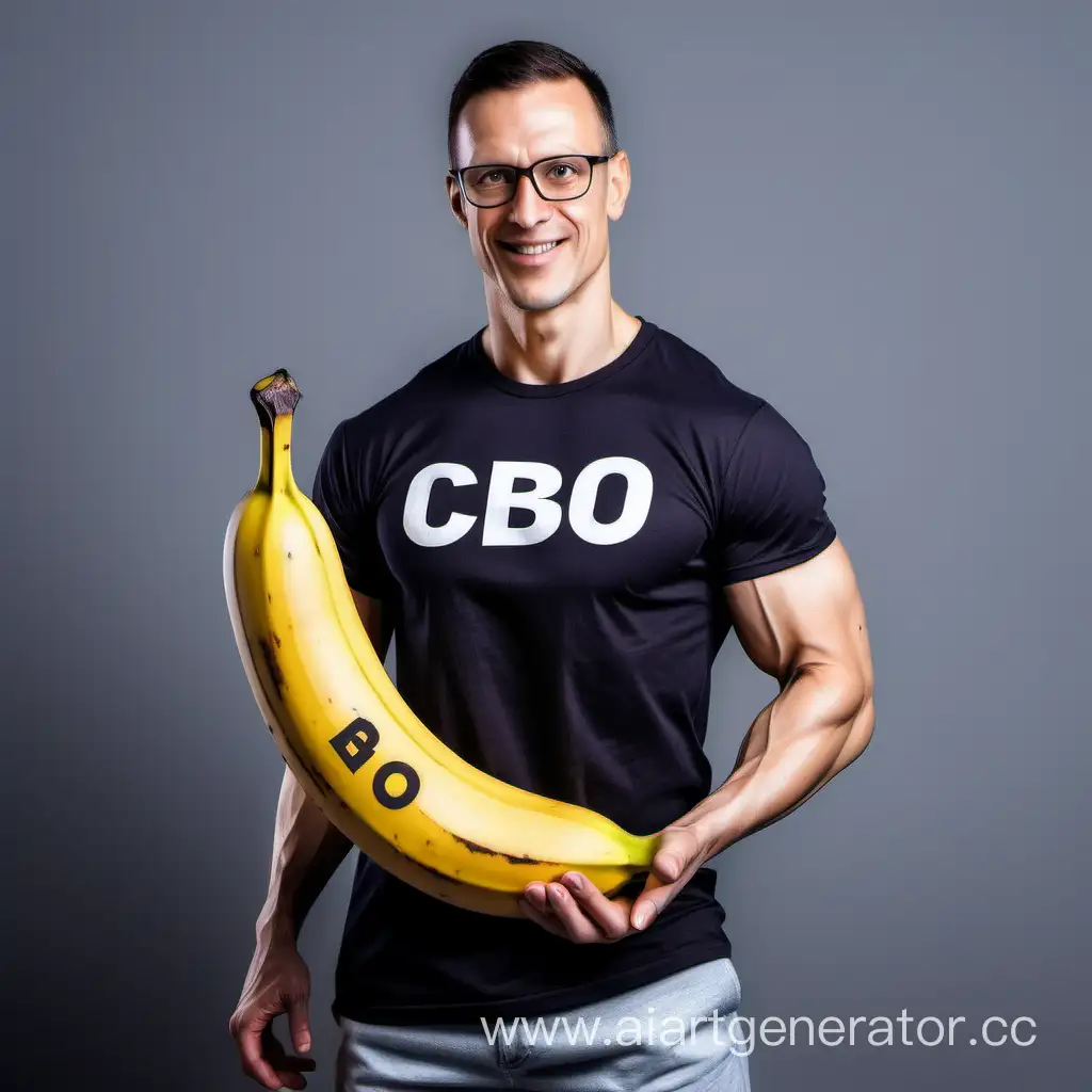 мускулистый банан в футболке с надписью CBO