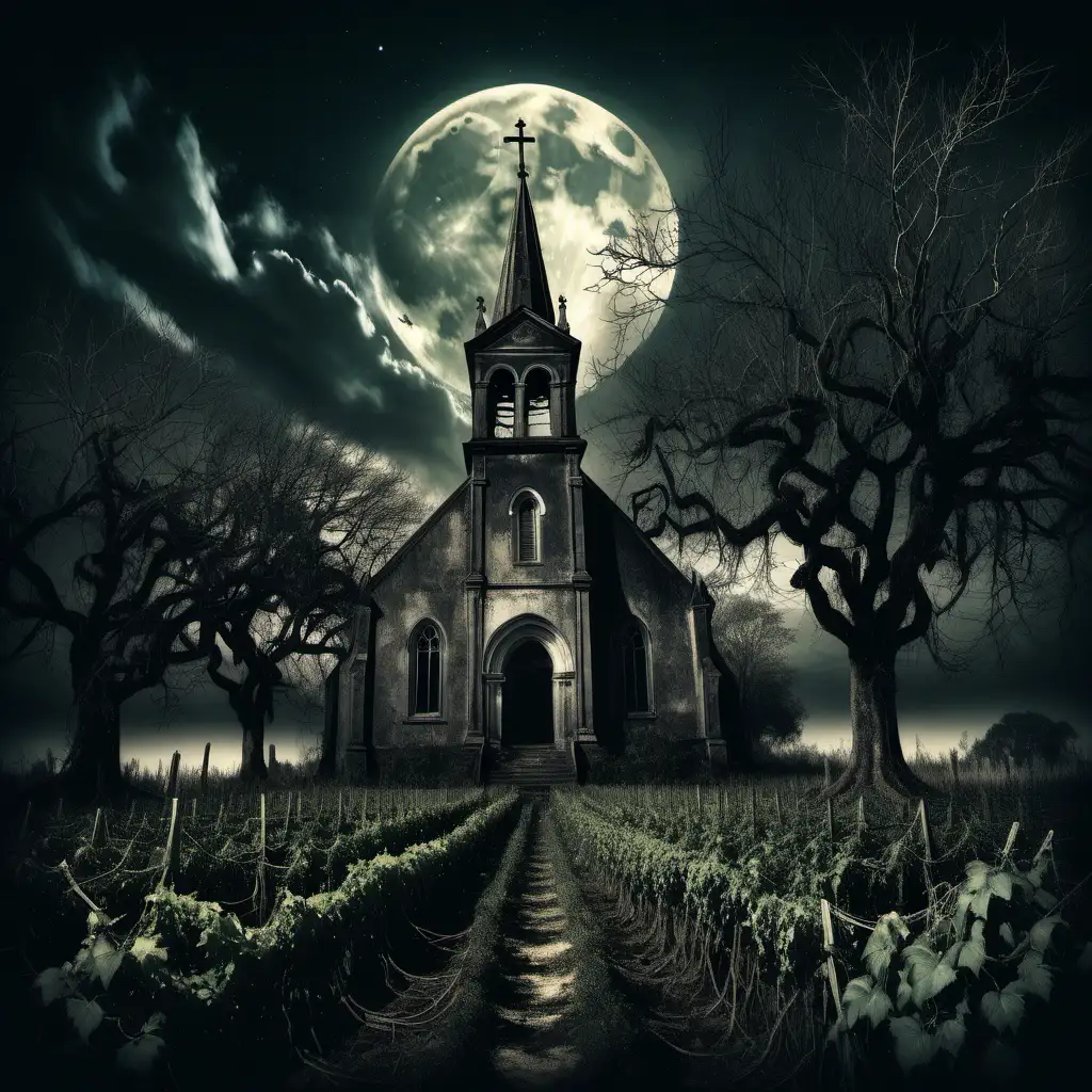 Vintage Dark Fantasy Old church from centre of clearing, extending far into sky. Dark sky with full moon behind part of church. Vines and roots from surrounding plantation climbing from sides. 
