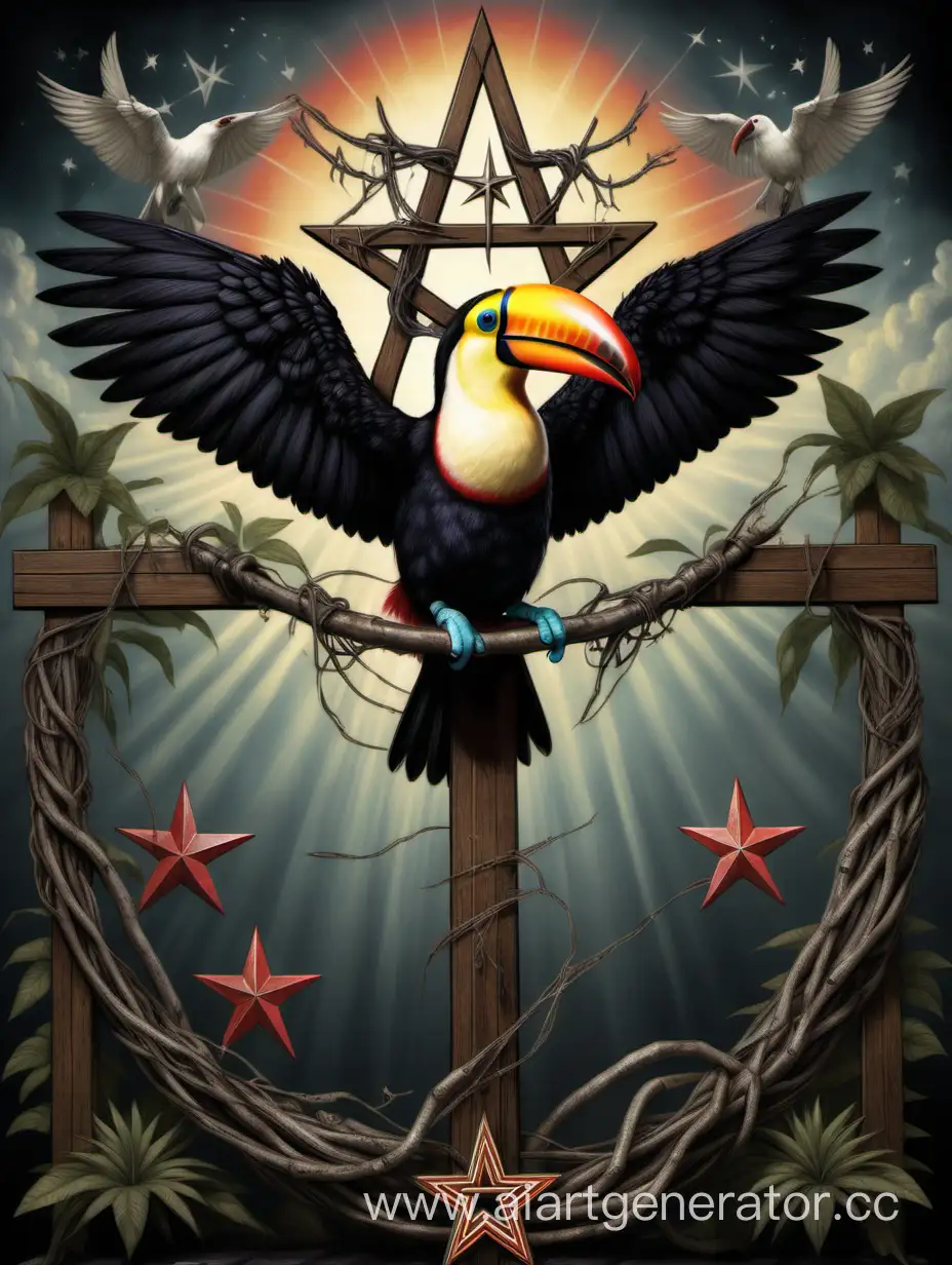 Toucan-Crucifixion-Art-with-Spread-Wings-and-Pentagram-Background