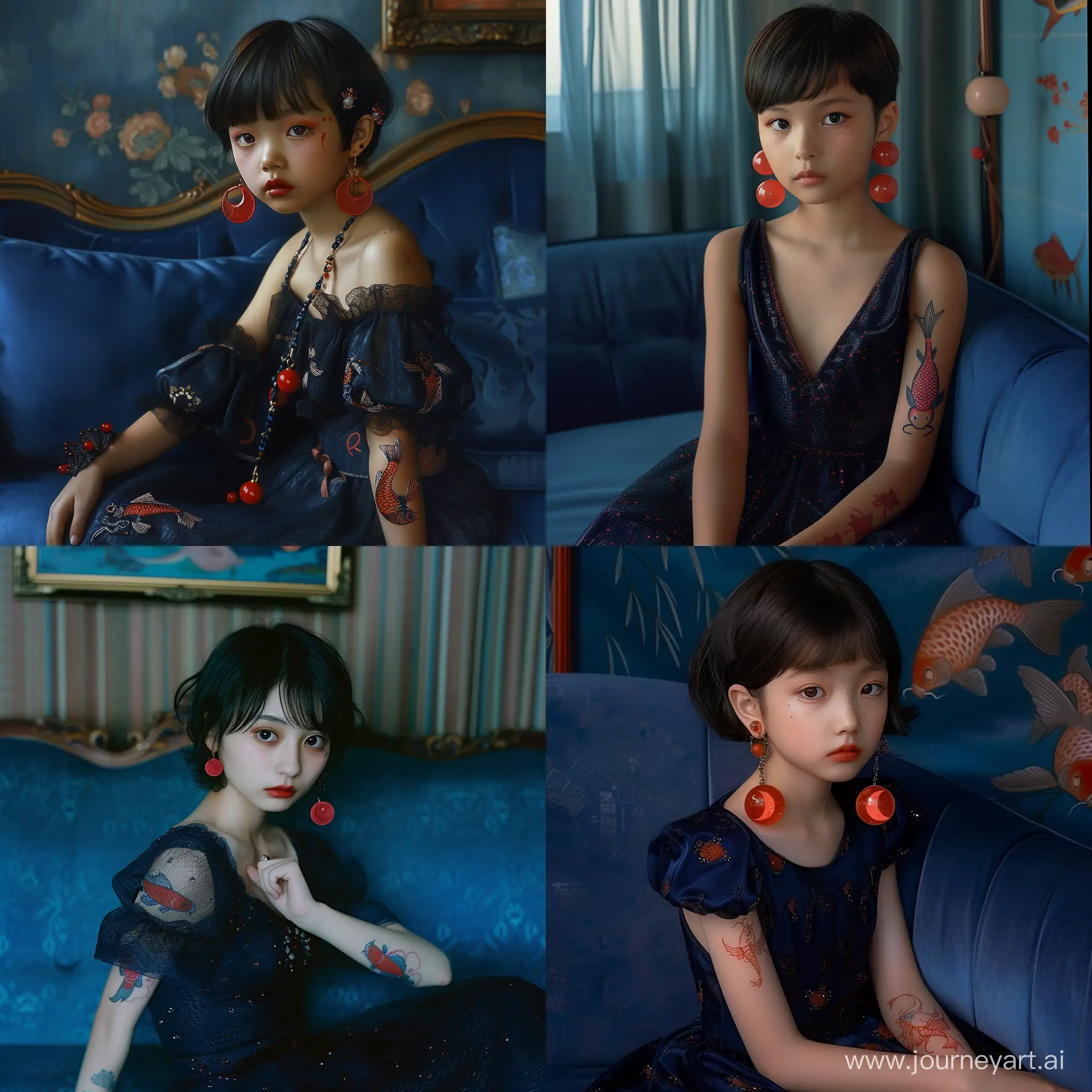 Молодая японская девушка, сидит на синем диване, на ней вечернее темное платье, прическа короткая, серьги в виде красных месяцев, на запястье татуировка карпа