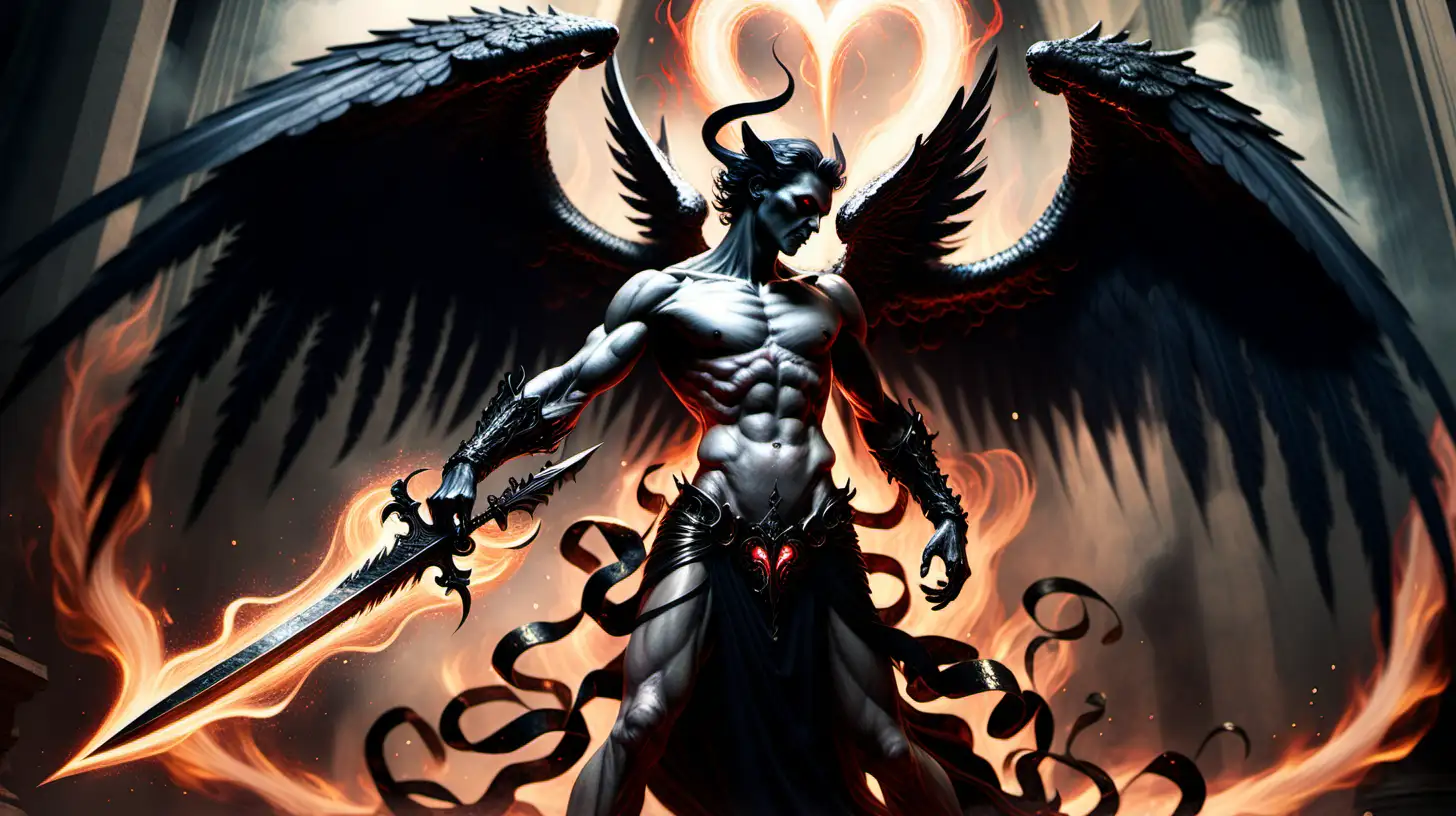 a dark burning demon with long black and pinty wings killing a white angel with a magical dagger into the angels heart 