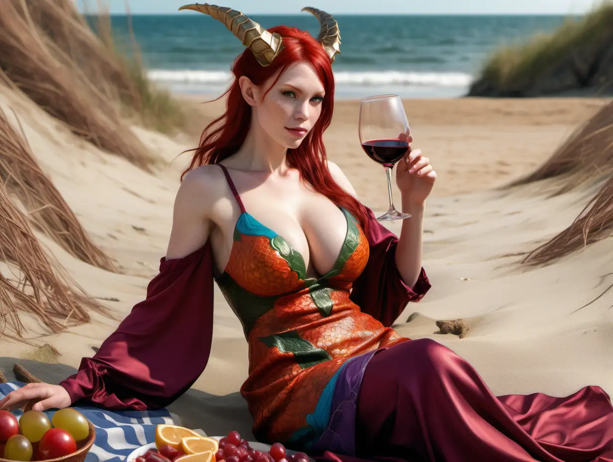 ultra-realistic high resolution and highly detailed photo of a female human dragonrider, with sleek pointy horns gently swept straight backwards over head, large breasts, red hair, a colourful open loose summer dress, sitting on a beach with a glass of wine