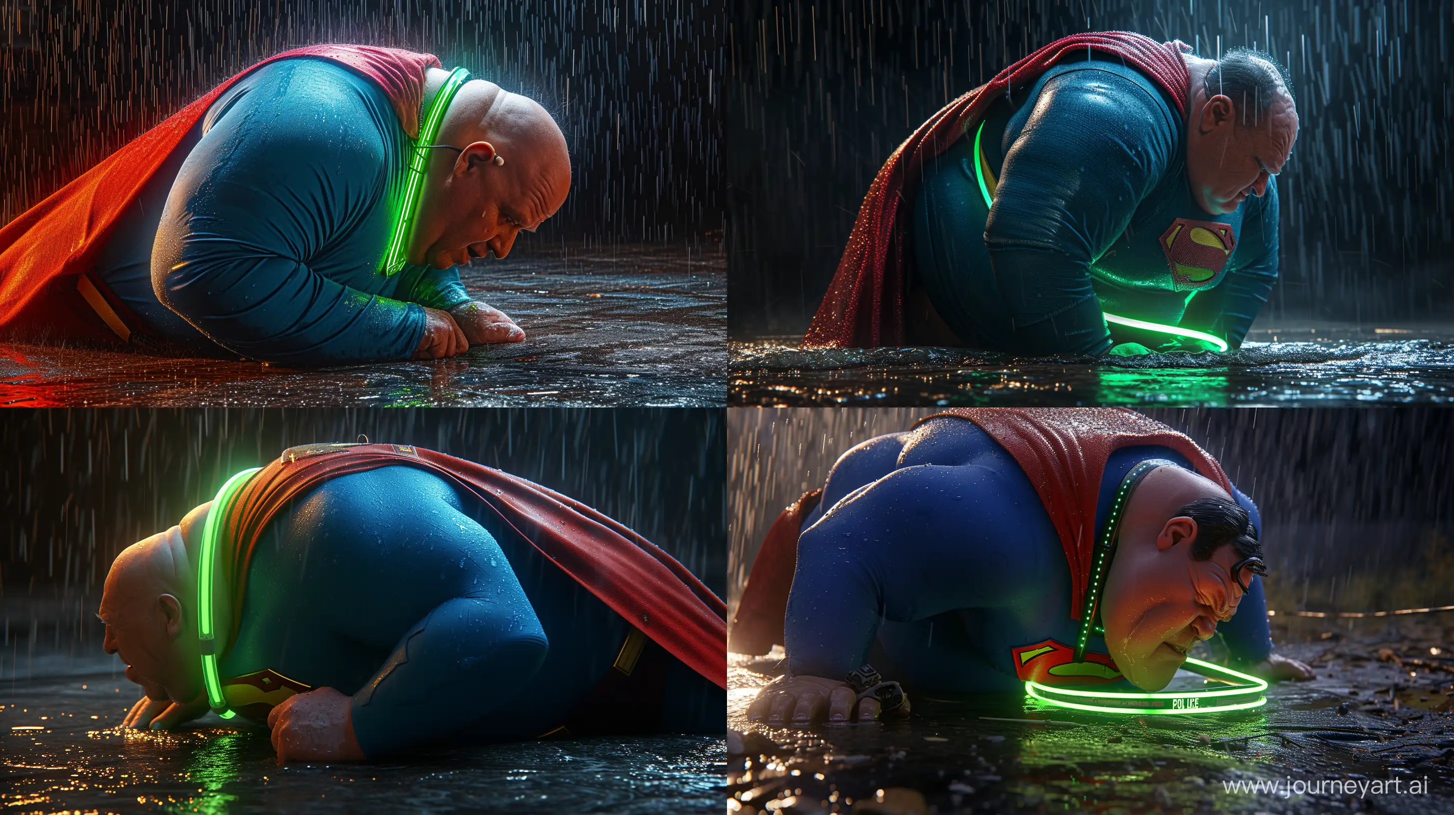 Eccentric-French-Policeman-Fitting-Neon-Dog-Collar-on-Superman-in-Rain