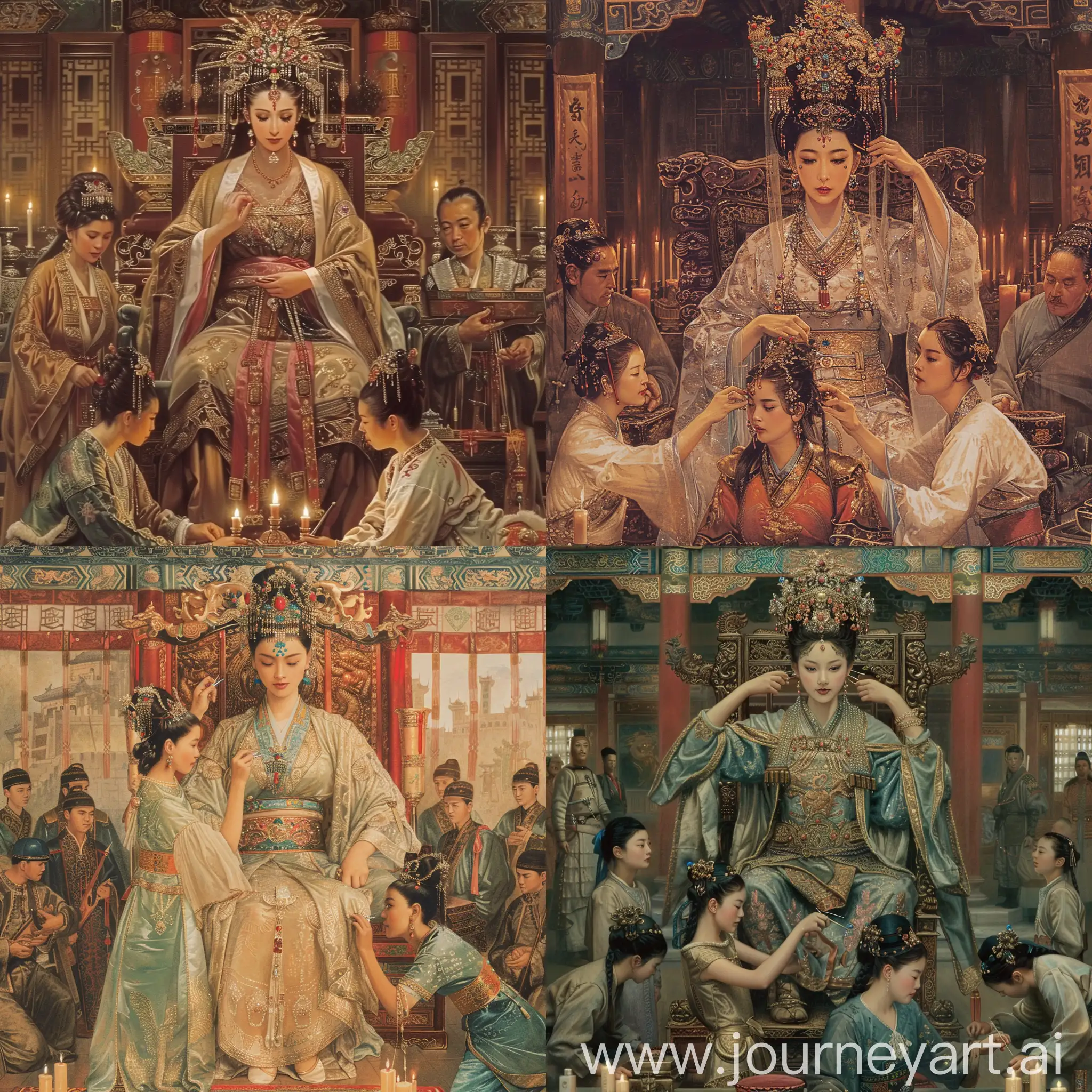 Luxurious-Attire-Chinese-Empress-Adorned-by-Palace-Maid-Amidst-Officials-Reverence