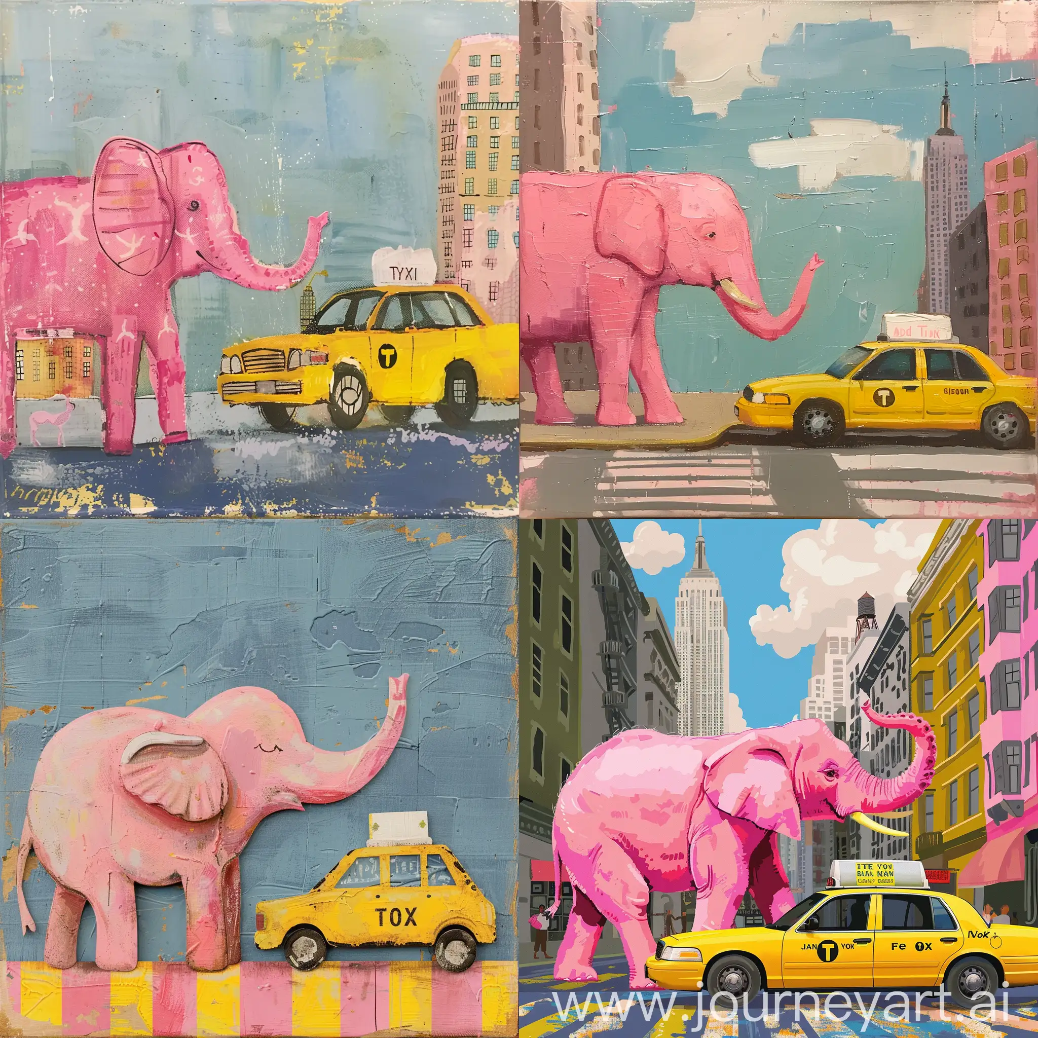 Whimsical-Encounter-Pink-Elephant-and-Yellow-Taxi