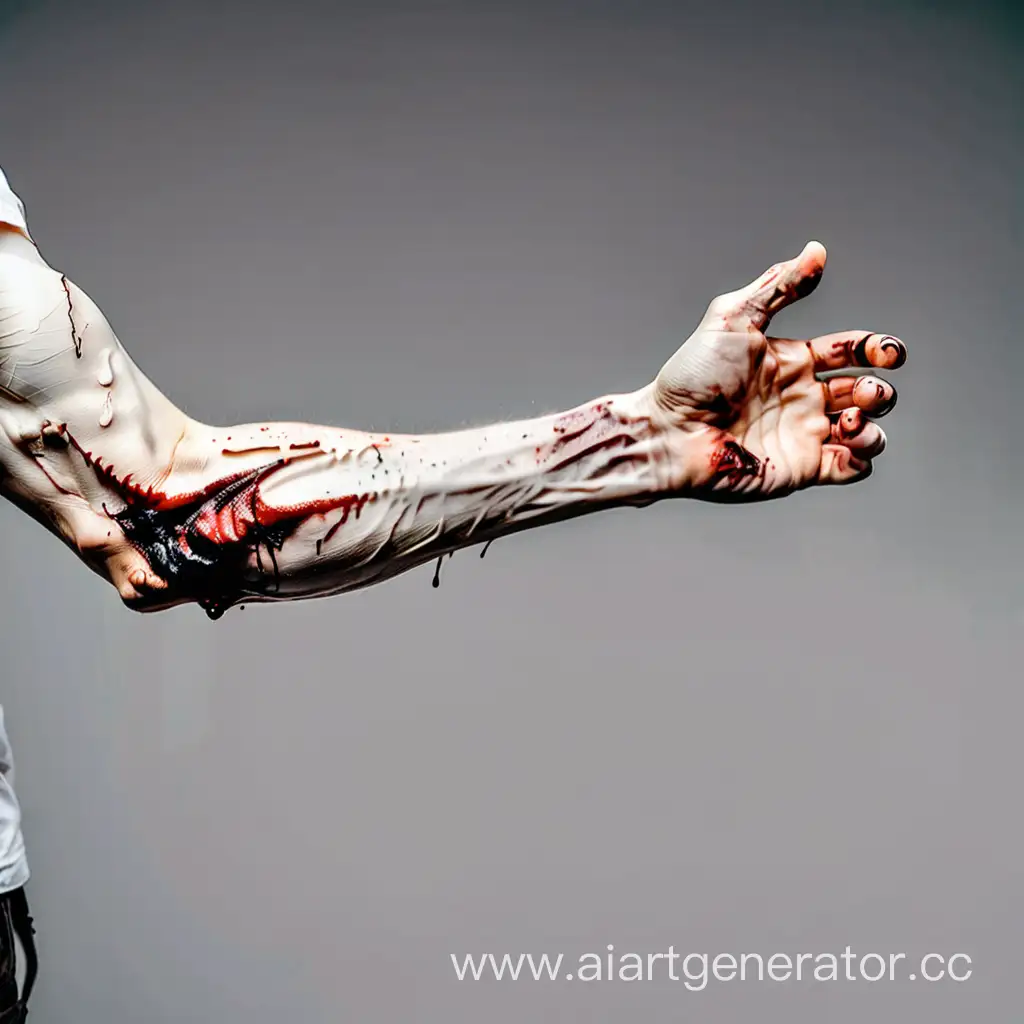 The arm is relaxed.  A man's hand. The arm is thin, with pale skin, but looks healthy. His fingers are bloodied. Man standing sideways 