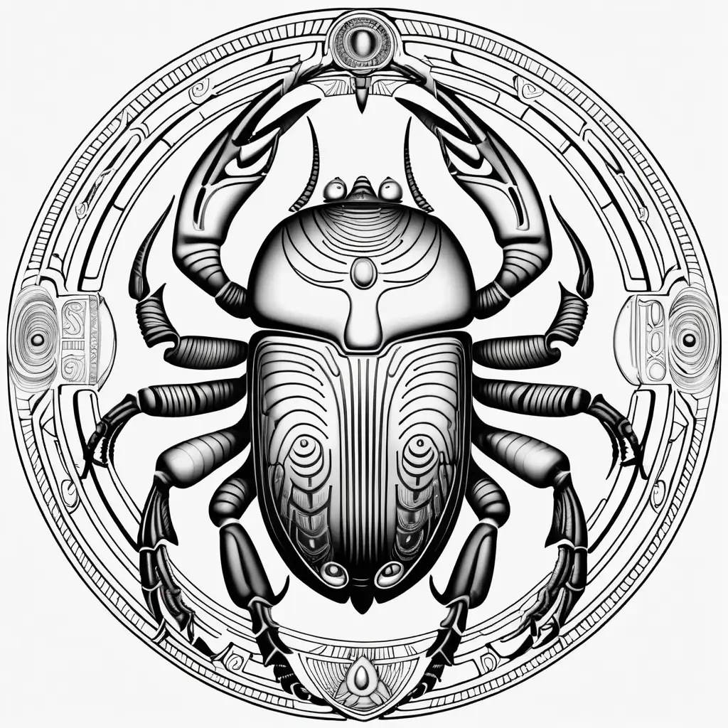 black & white, coloring page, white background, high details, symmetrical mandala, clear lines, white egyptian scarab, in style of H.R Giger