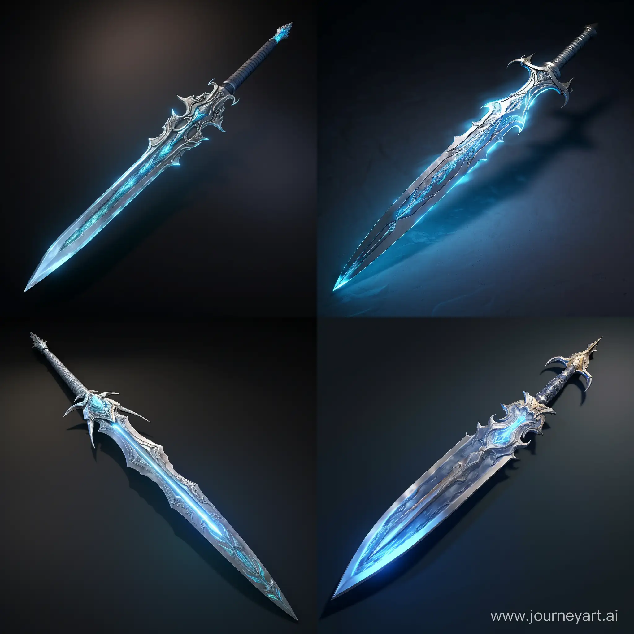 Mystical-Broken-Sword-with-Glowing-Ice-Enchantment-on-Gray-Background