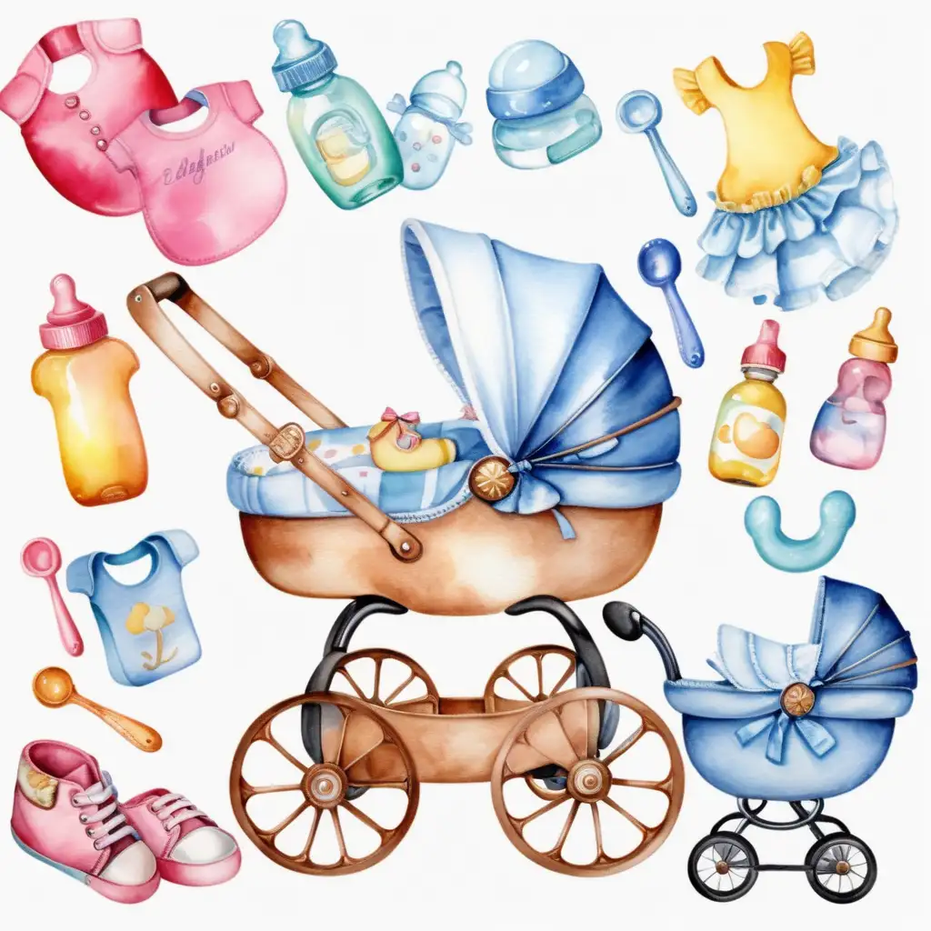 Colorful Baby Accessories Watercolor Sketch Art on White Background