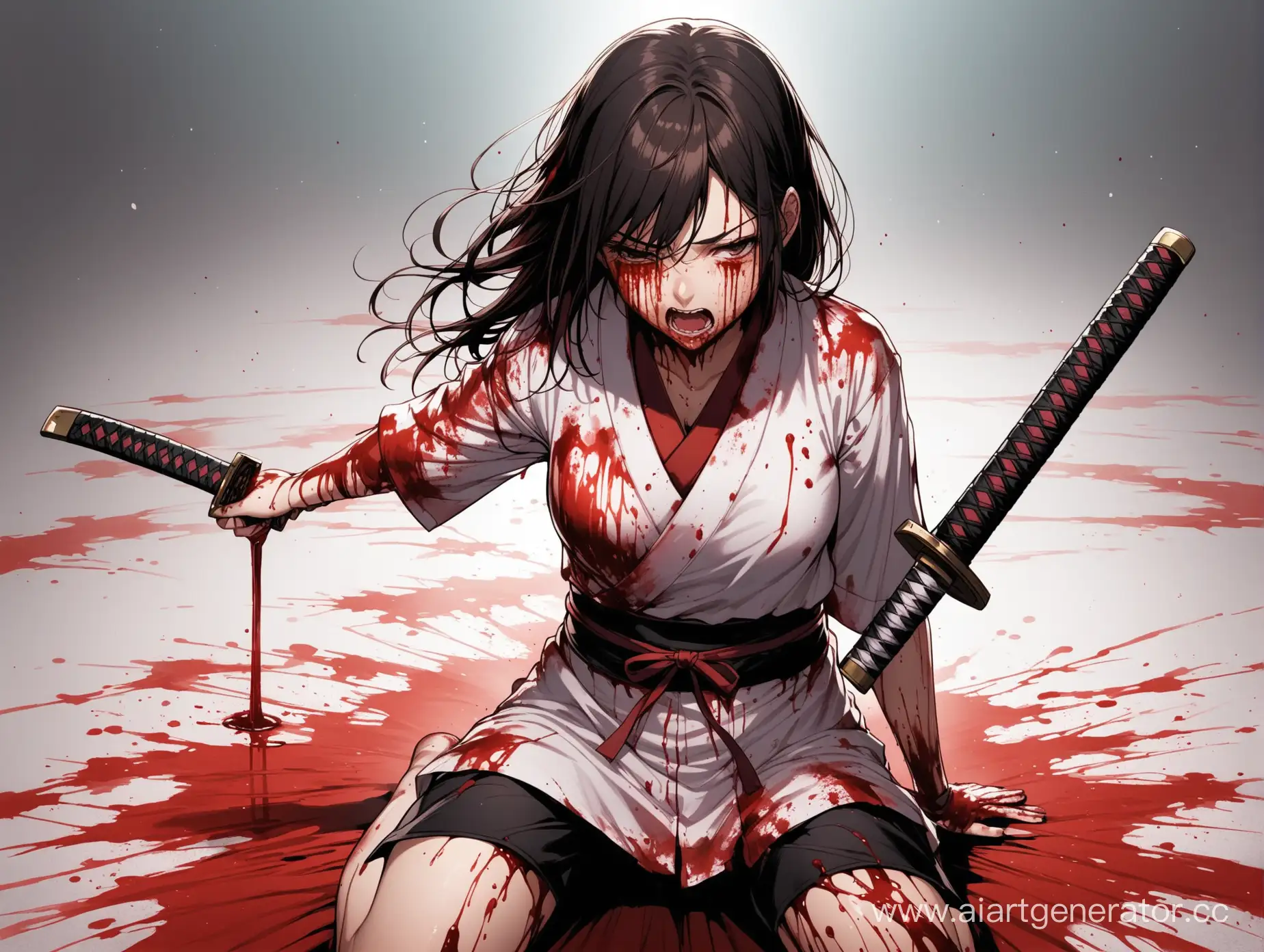 The girl is covered in blood after a fight with a katana