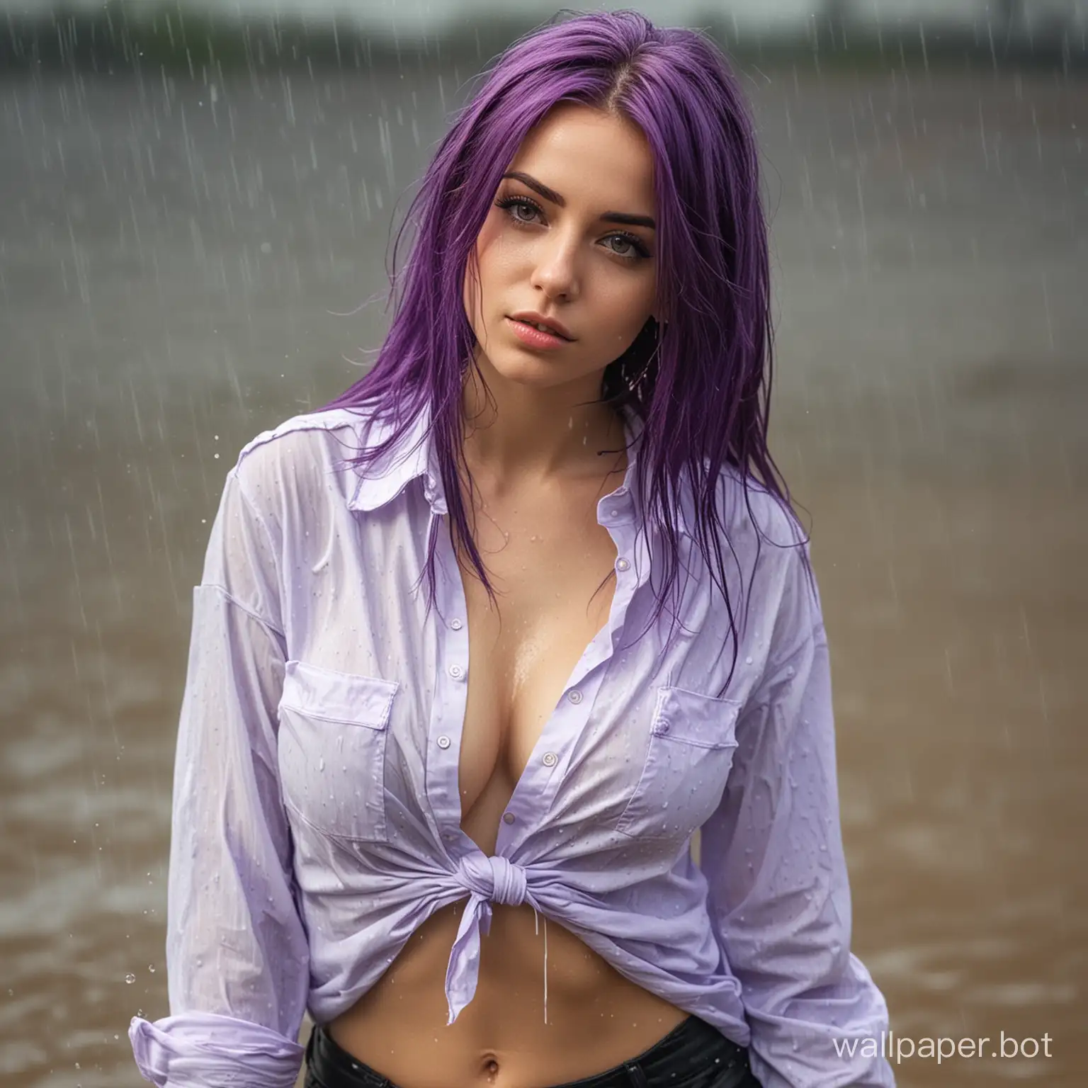 Girl, in a shirt, big chest, wet, purple hair color