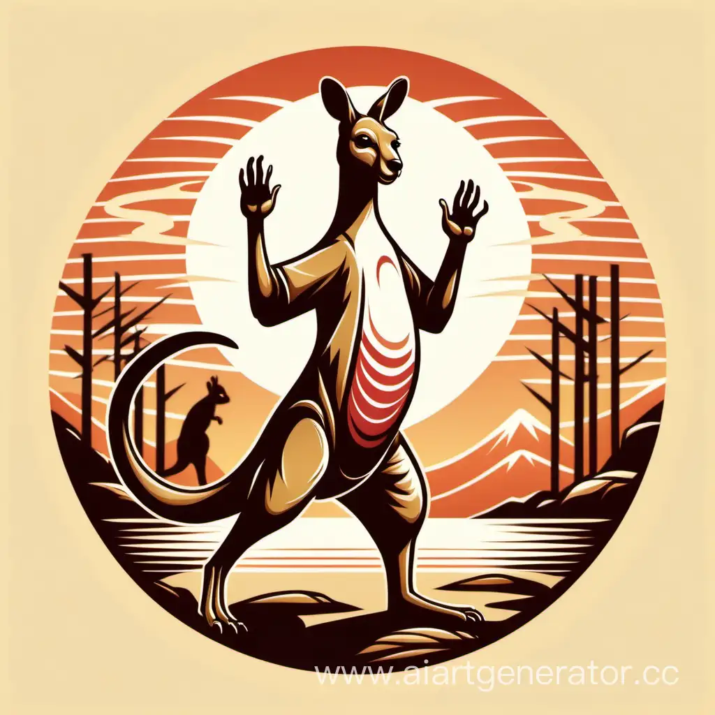 Kangaroo doing tai chi, in style of retro japanese vector art logo