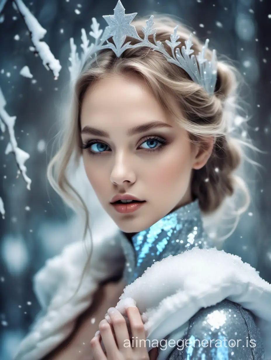 delicate proportions, aesthetics of the female face, elegant girl in the attire of the Snow Queen beautiful face, glitter, honeycore, beauty aesthetical girl, glam design, party, high resolution, depth of exposure © Ludmila