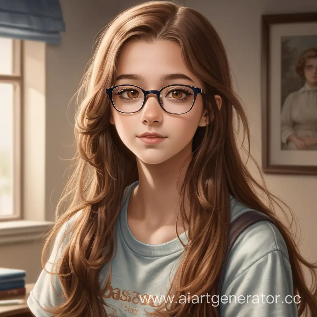 A young lady. She has long chestnut-brown hair that falls effortlessly over her shoulders, and hazel eyes, dresses modestly in comfortable, casual clothing. She wears glasses