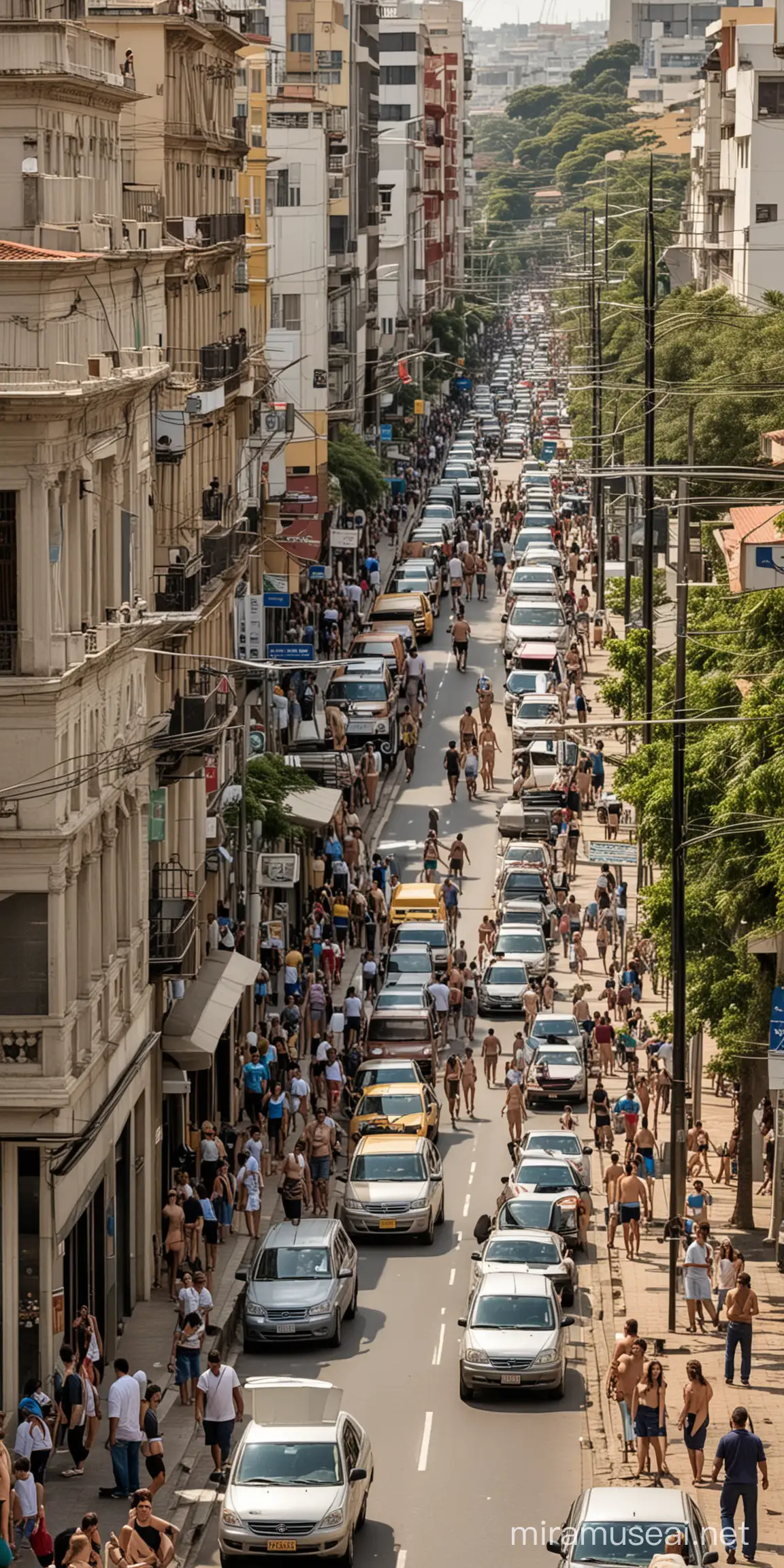 Rua movimentada do centro de Porto Alegre, no estado do Rio Grande do Sul, Brasil, com carros e pessoas de várias idades a pé, todas nuas.