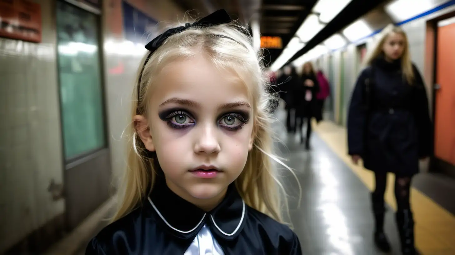 
 
shot with Nikon AF-S DX NIKKOR 35mm f/1.8G Lens in the street  

portrait of gothic blond little girl 9 years old little girl, wearing satin  shiny schoogirl uniform,   cellophane tights diffused light low pony hair clear eyes  wearing    tights  with mom  nordic model, 
 in the subway diffused neon lights
, elle porte  des collants en cellophane  transparents, sa maman Goth girl. Neon lights.  .  makeup flow, zoom face
wearing   shiny dress 
des hauts talons stiletto,  
 dans les couloirs du métro, beaucoup de néons et de lumières blanche

with mom  wearing     dress,    tights, [Highly Detailed]     
with high heels stiletto,  
look sad, make-up flow

zoom face

suntanned skin, natural skin texture, (highly detailed skin:1.1), 
textured skin, (oiled shiny skin:0.5), 
 ,intricate skin details, visible skin detail, (detailed skin 
texture:1.1), mascara, (skin pores:1.1),  , skin fuzz, (blush:0.5), (goosebumps:0.5), translucent 
skin, (minor skin imperfections:1.2),    
(round iris:1.1), light reflections in her eye, visible cornea, highly detailed iris, remarkable detailed pupils 

portrait shot , zoom eyes

--v 6