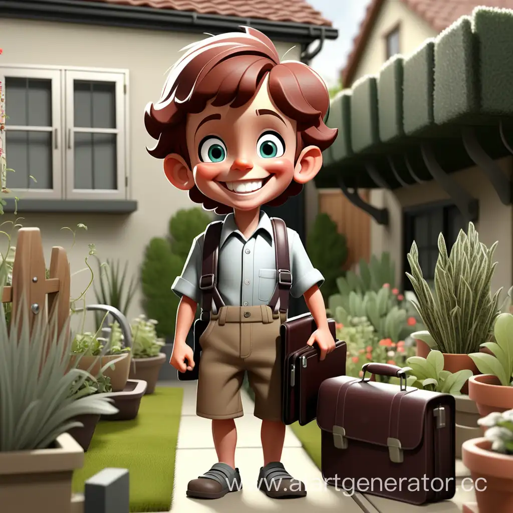 smiling child, standing with a briefcase, surrounded by a small garden