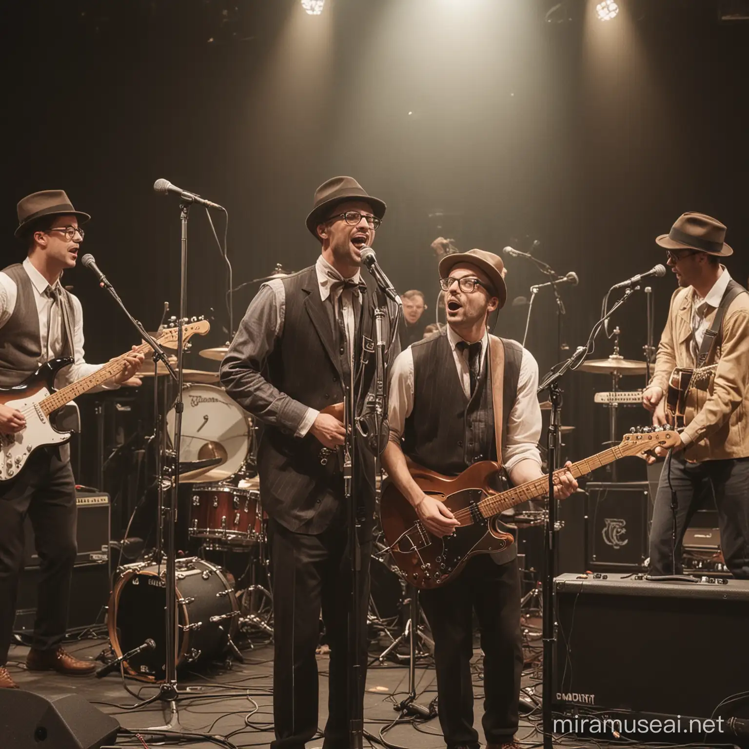 1 man sings using an old school microphone on stage, wearing glasses, wearing a fedora hat, 4 other people playing musical instruments guitar, drums, bass, piano surround the vocalist.
