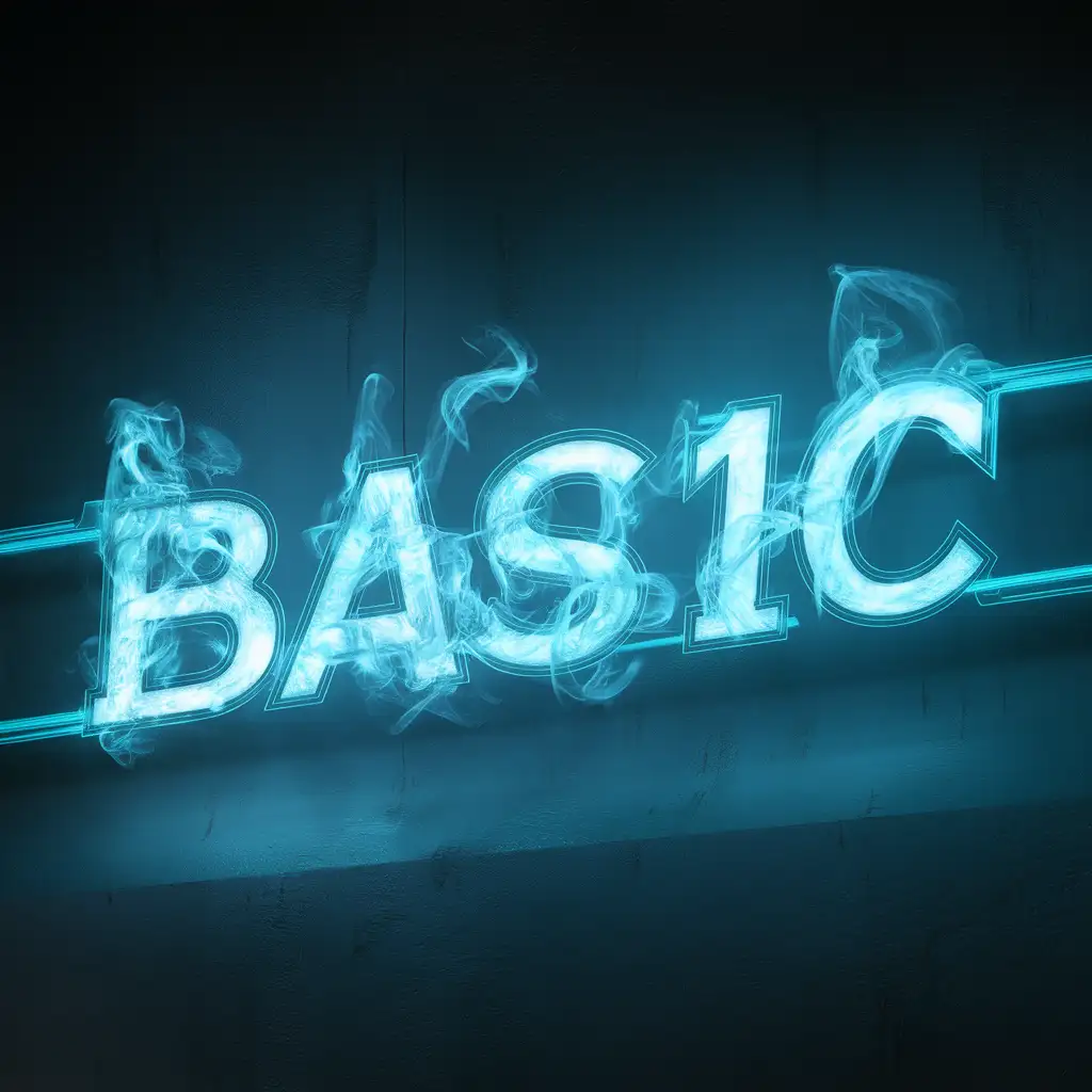 Neon blue electric inscription "BAS1C" smoke font