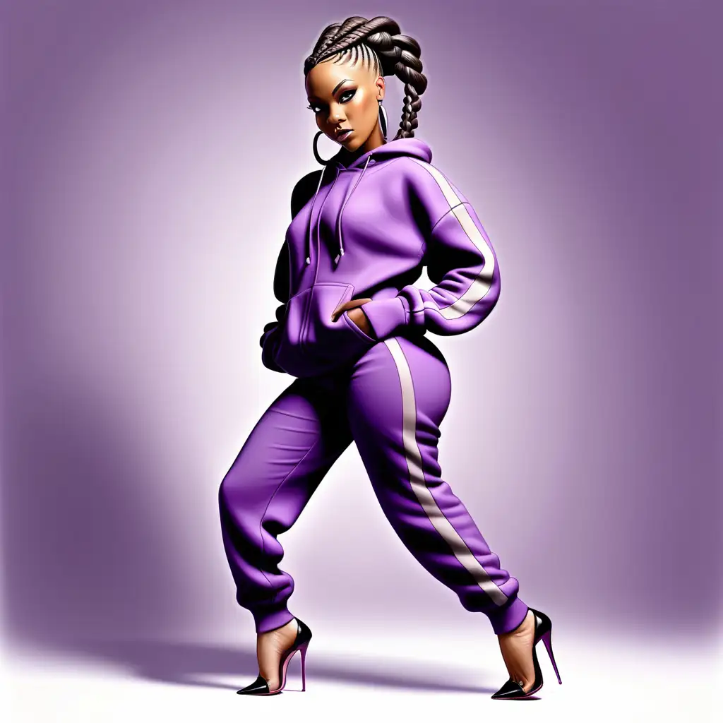 Short Black female with braided hair, big bone, in a purple sweat suit with high heels, background white, posing for magazine shoot.