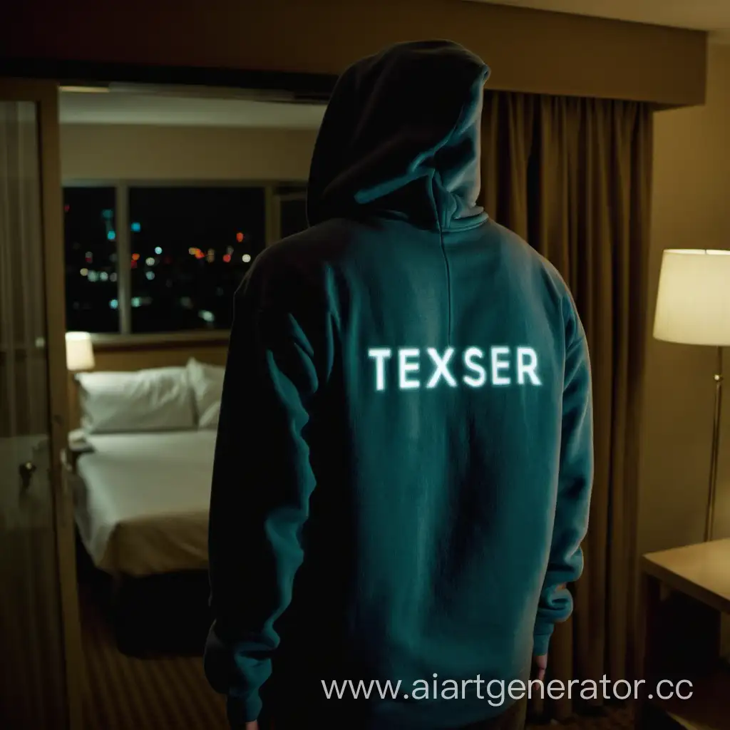 Человек стоит в ночном отеле и смотрит в окно и у него на худи написано название "texser"