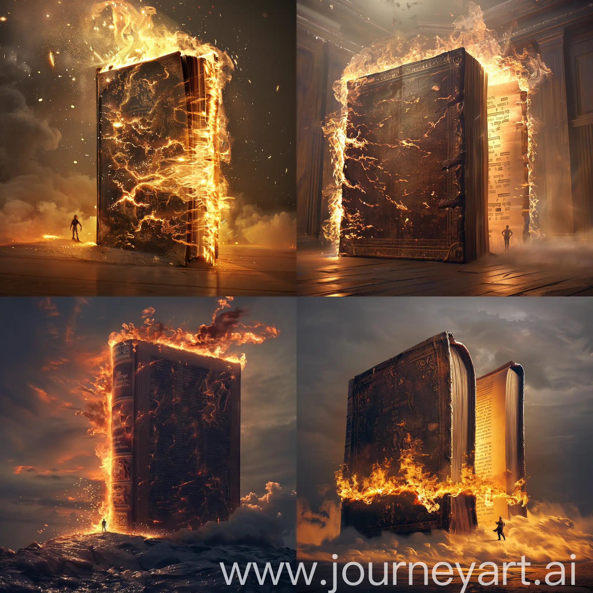 Gigantic book 20 meters high with a small man behind. Fire across, action, dramatic