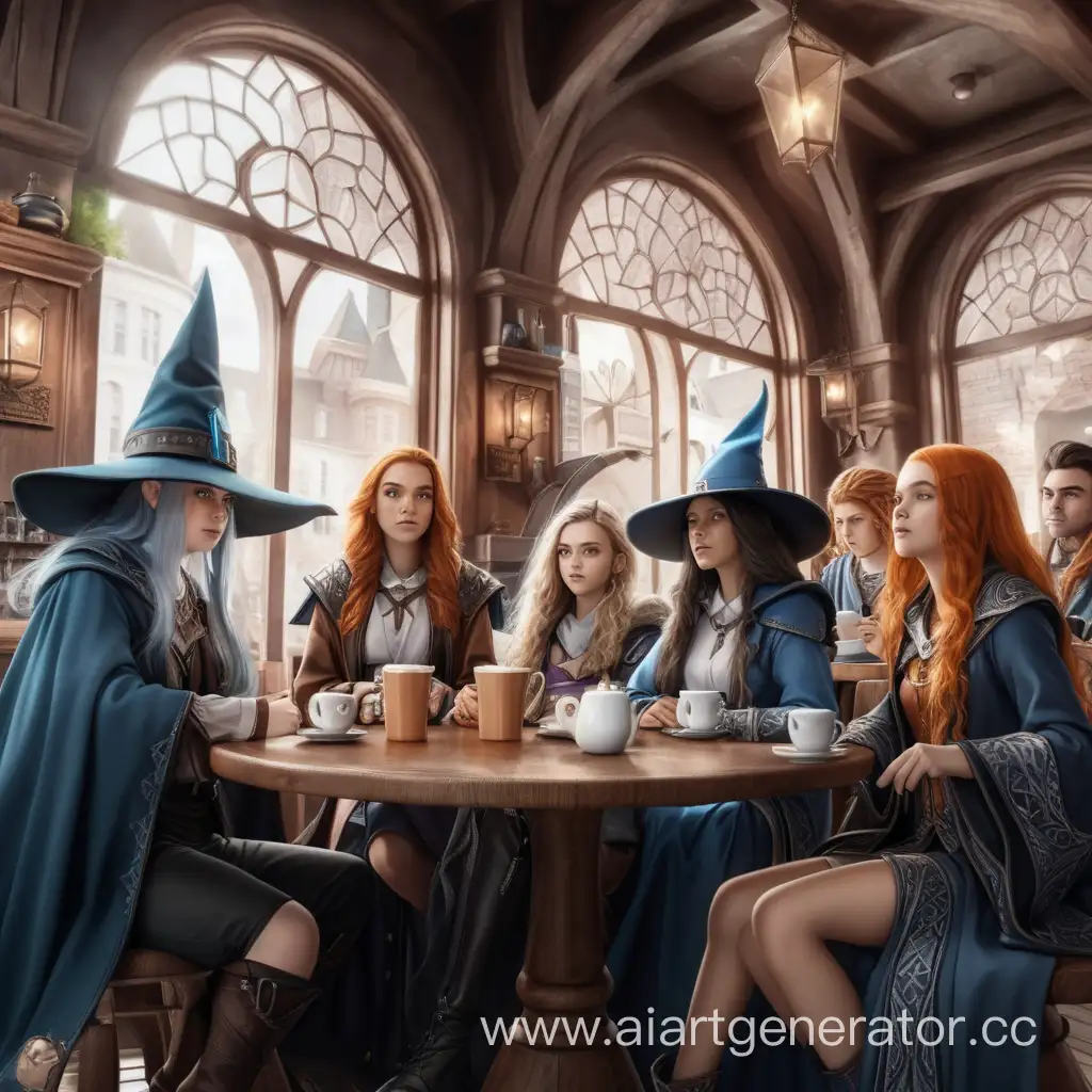 Компания юных волшебников и волшебниц сидят в кафе
