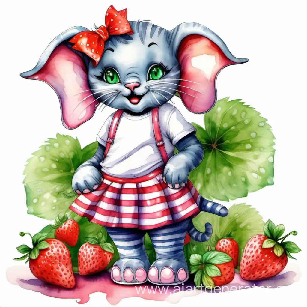 cartoon funny funny cute cat ,with a shiny bow , in a menthol T-shirt with strawberries , skirt with pockets, striped tights and shoes with clasps , hugging a big elephant ,white background, oil watercolor, high quality, airbrushing ,3D