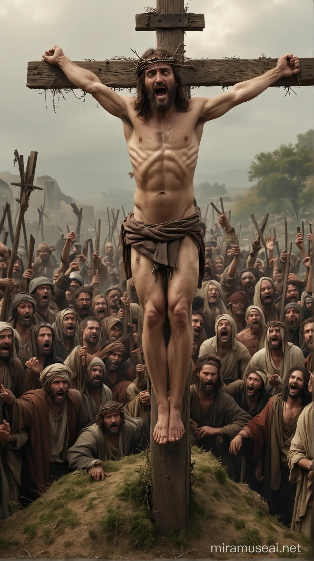 Create an ultra-realistic image of Jesus being crucified, in the  cross, between two bandits. Show details of the people mocking and laughing at him. He has the crown of thorns and the blood on his forehead. To involve the spectator, on stage, to the great significance of that historic day. Show the small nuances and richness of details of the scenery and the people. At nightfall. Image 8k