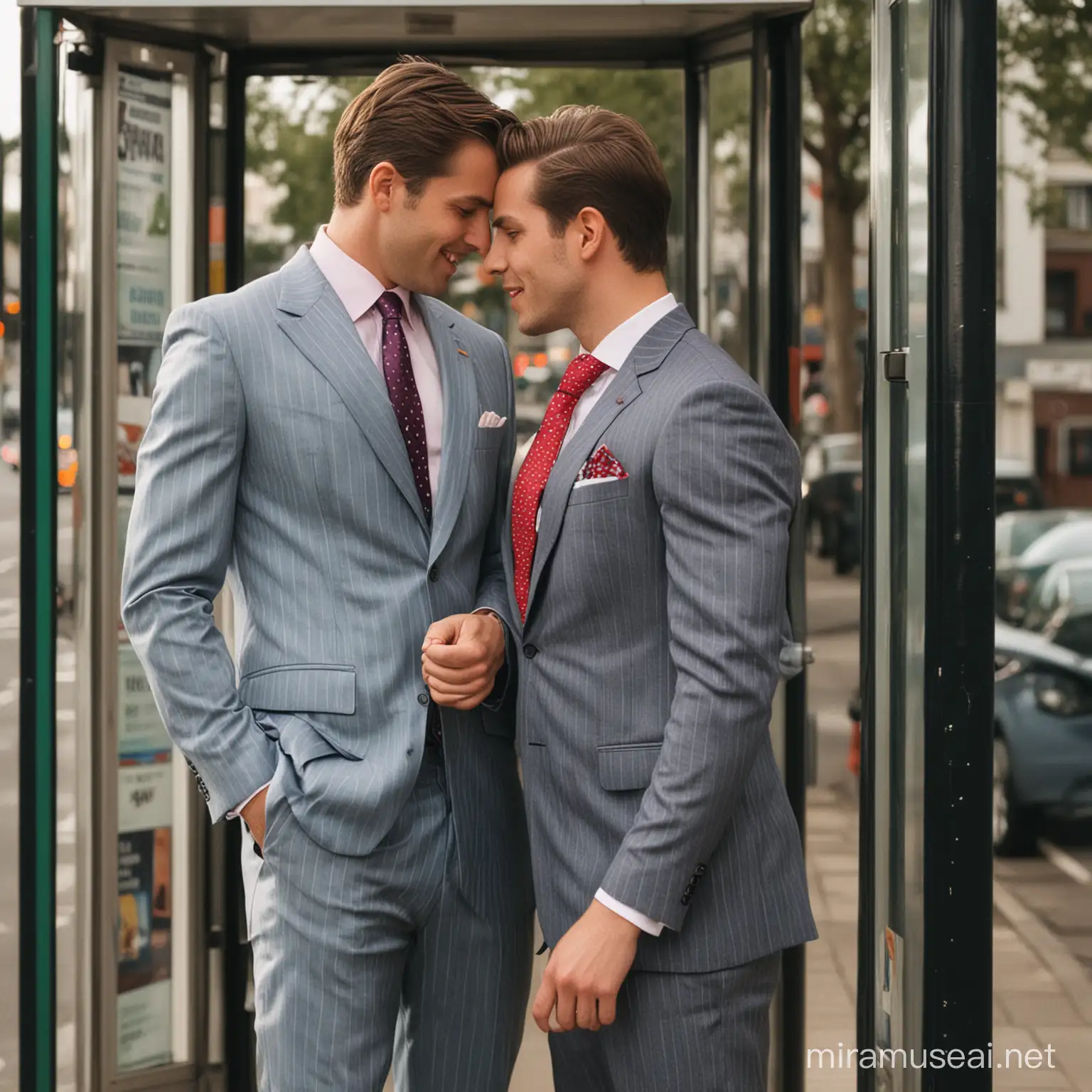 two men, standing at a bus stop, wearing bright pinstripe suit and tie, flirting